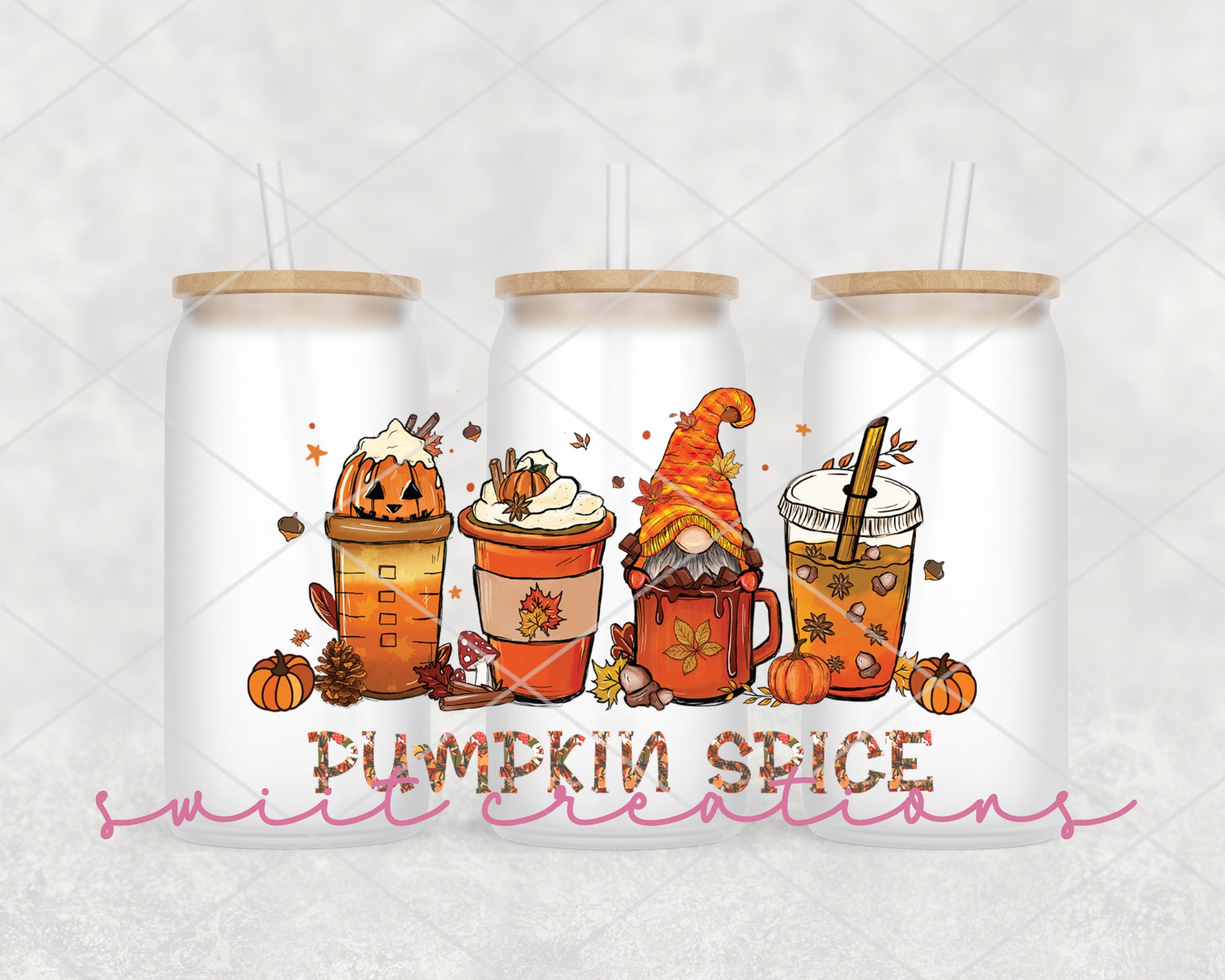 a set of three pumpkin spice iced drinks