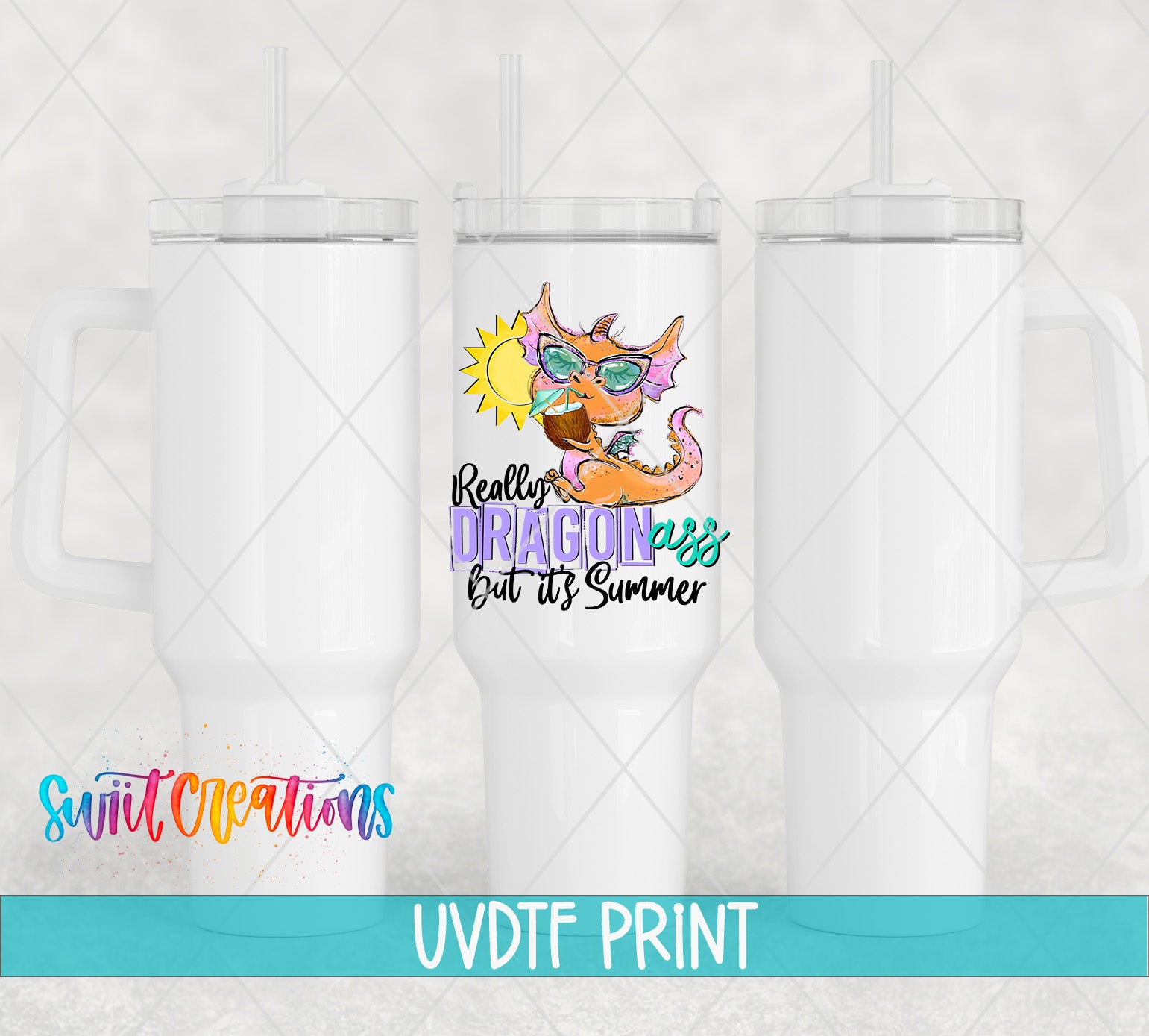 three white tumblers with a colorful dragon design on them.