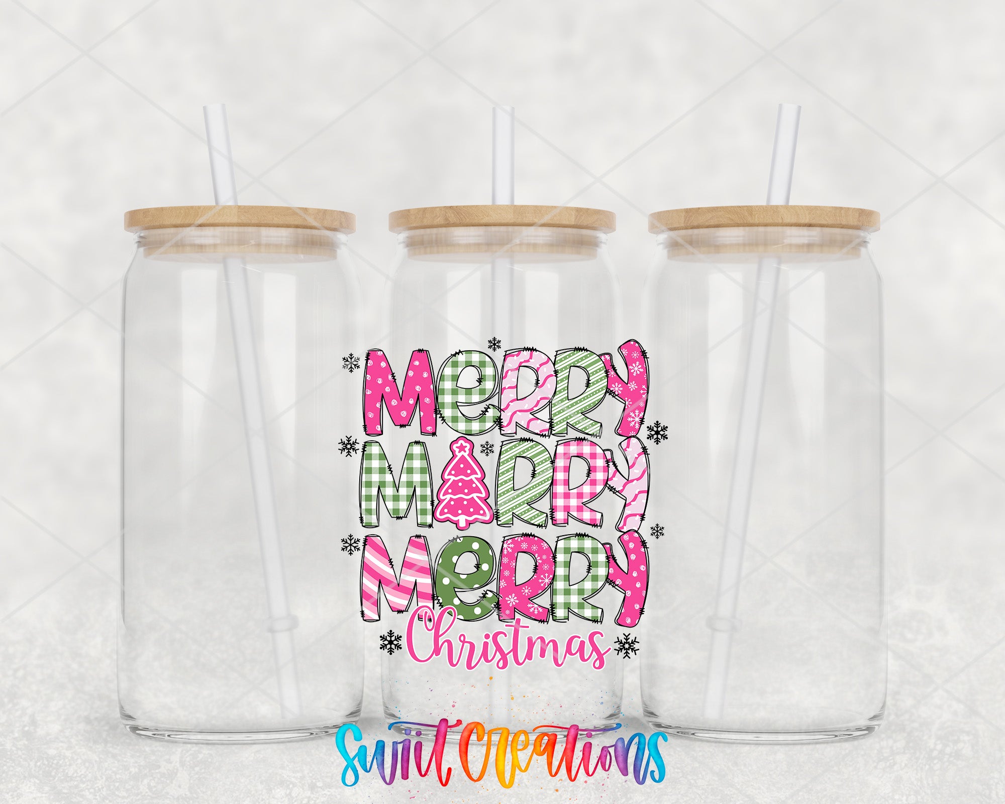 two clear tumblers with merry merry lettering on them