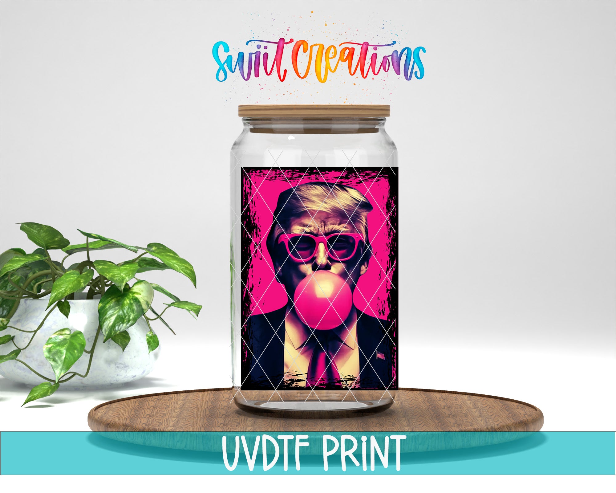 a glass jar with a colorful graphic of a man blowing a bubble gum bubble, placed on a wooden surface.