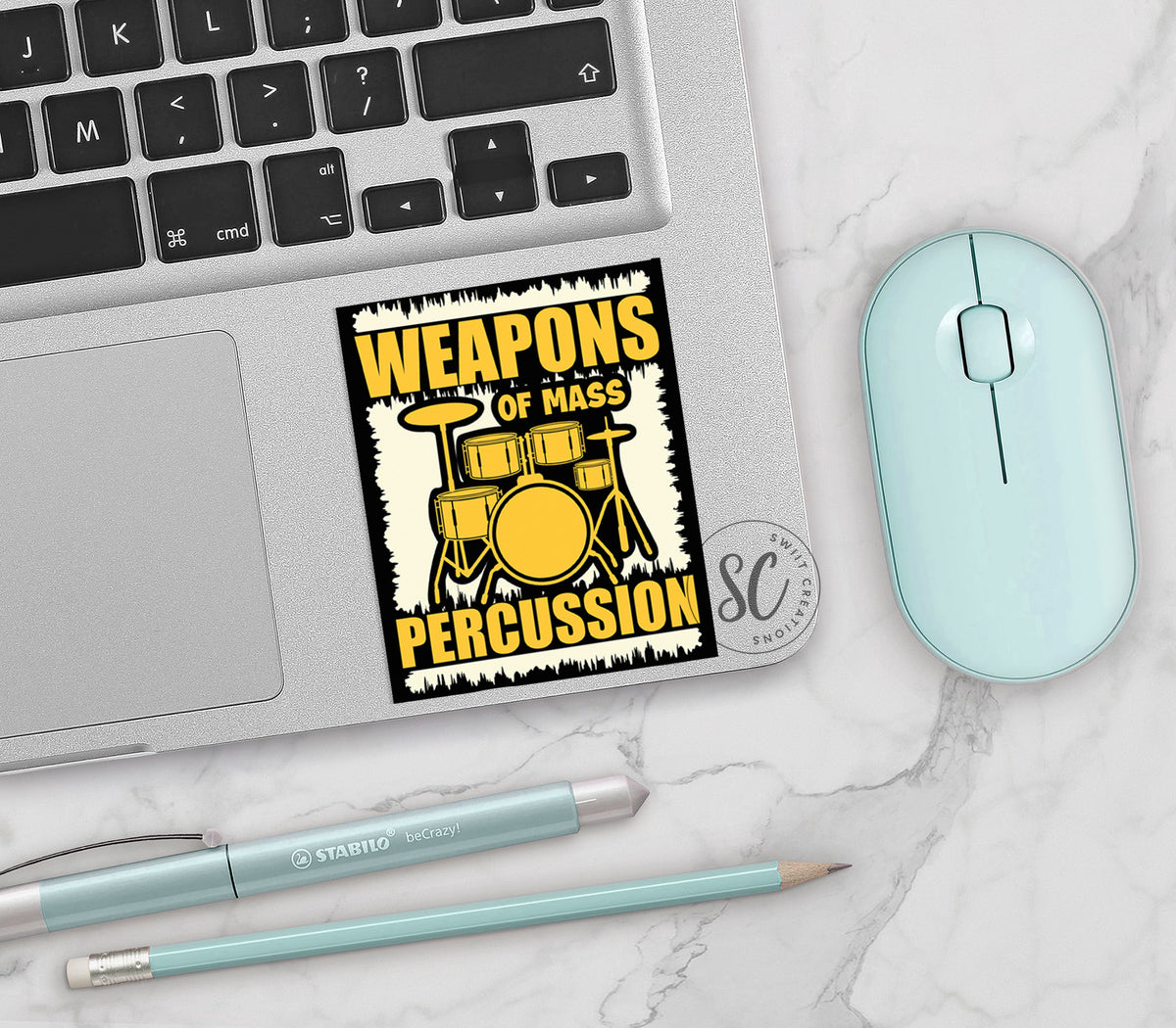 a sticker that says weapons of mass percussion