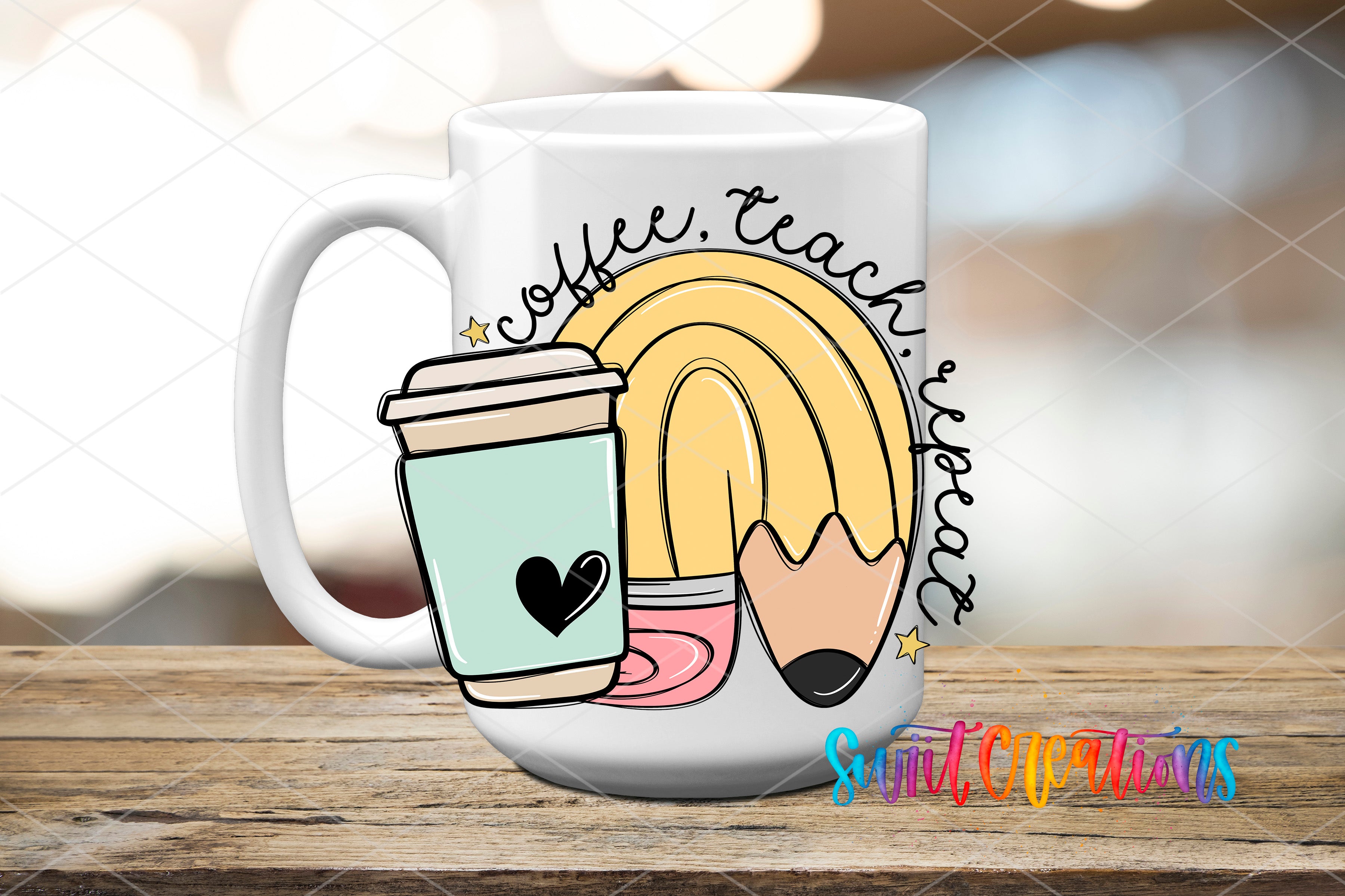 A white mug with a colorful illustration of a coffee cup, pencil, and rainbow on it, along with the text "coffee. teach. repeat."
