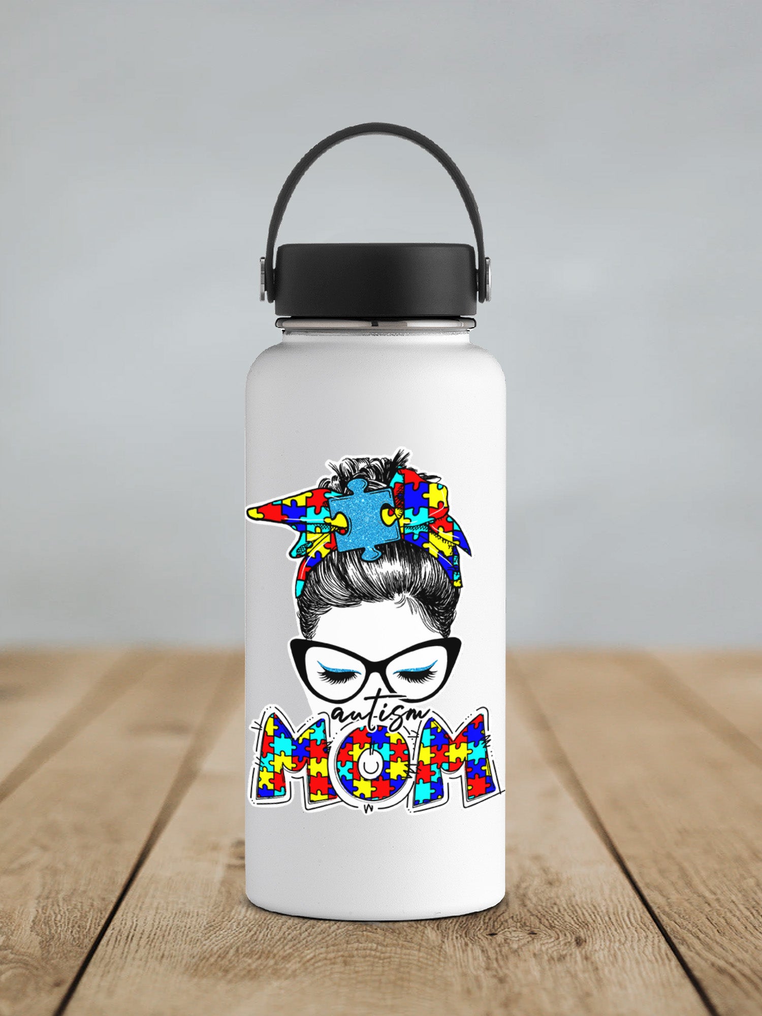 a white water bottle with a picture of a person wearing a bandana