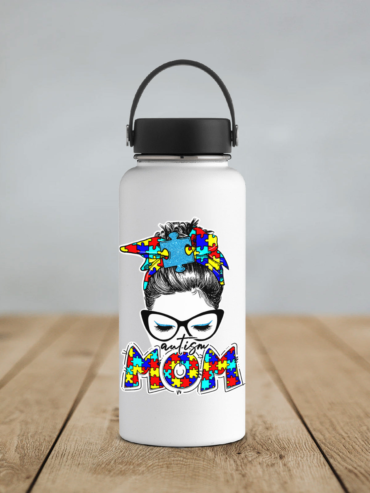 a white water bottle with a picture of a person wearing a bandana