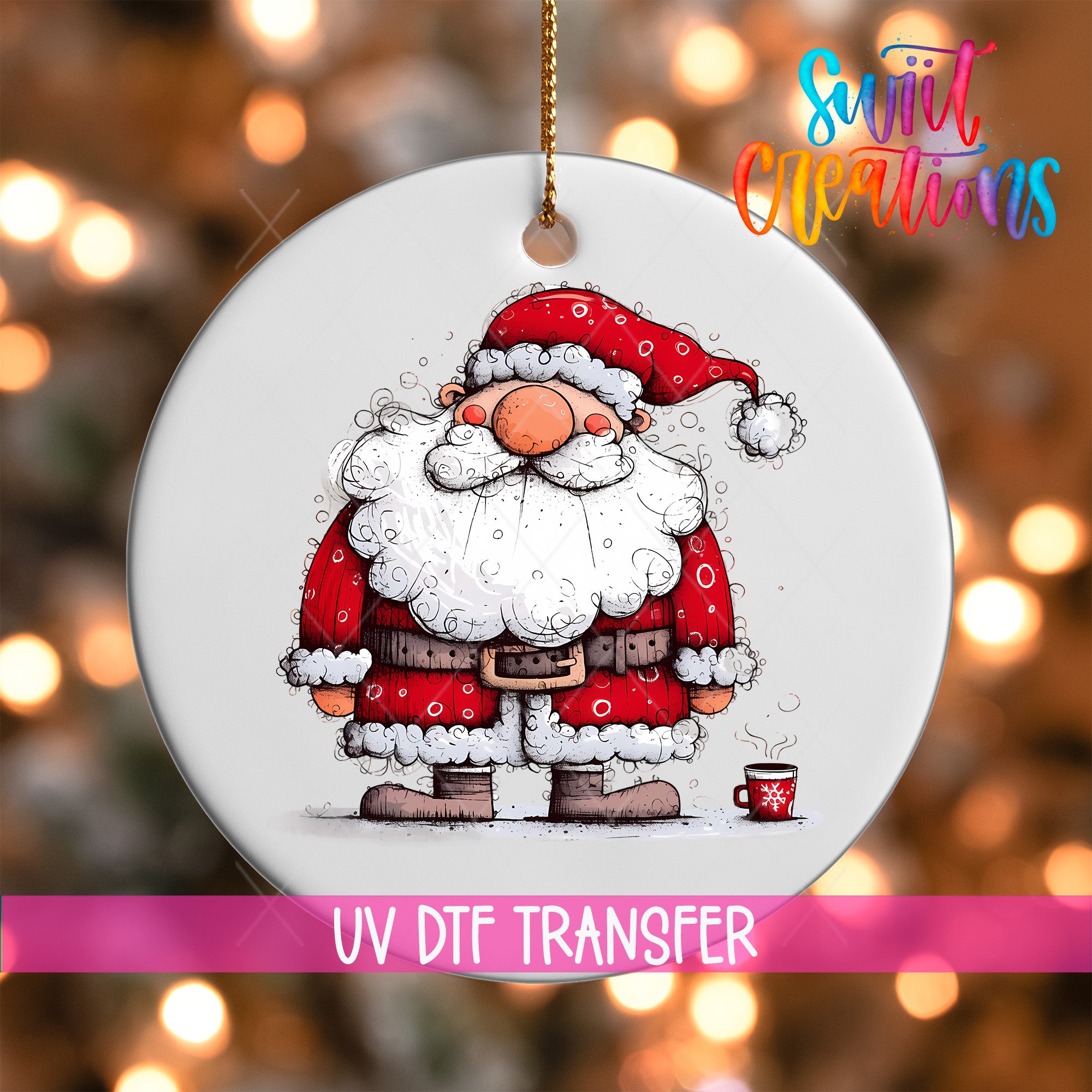 A ceramic ornament featuring a cartoon illustration of Santa Claus with a cup of hot chocolate.