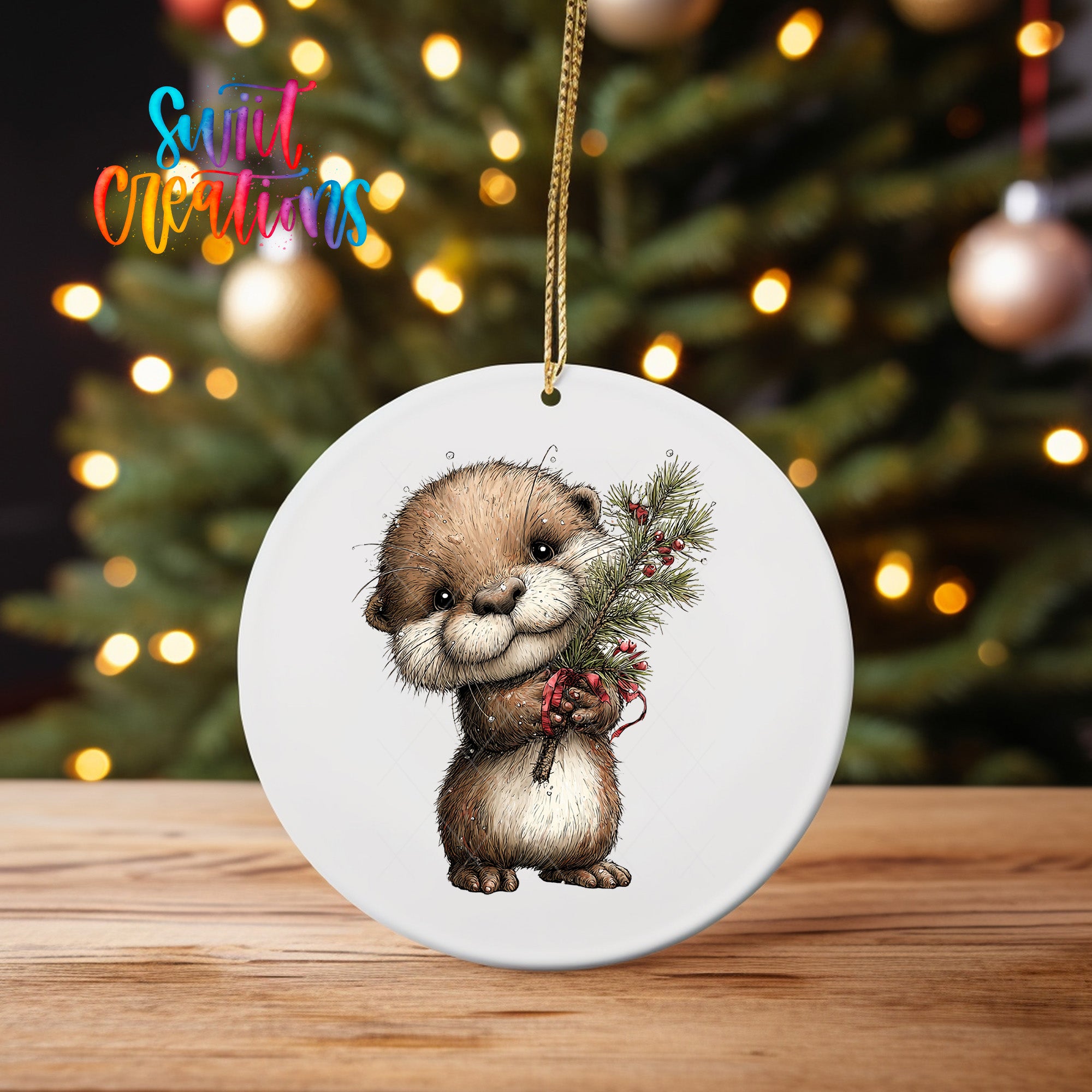 A white ceramic ornament featuring a cute otter holding a pine tree branch with red berries, set against a blurred background of a Christmas tree with twinkling lights.
