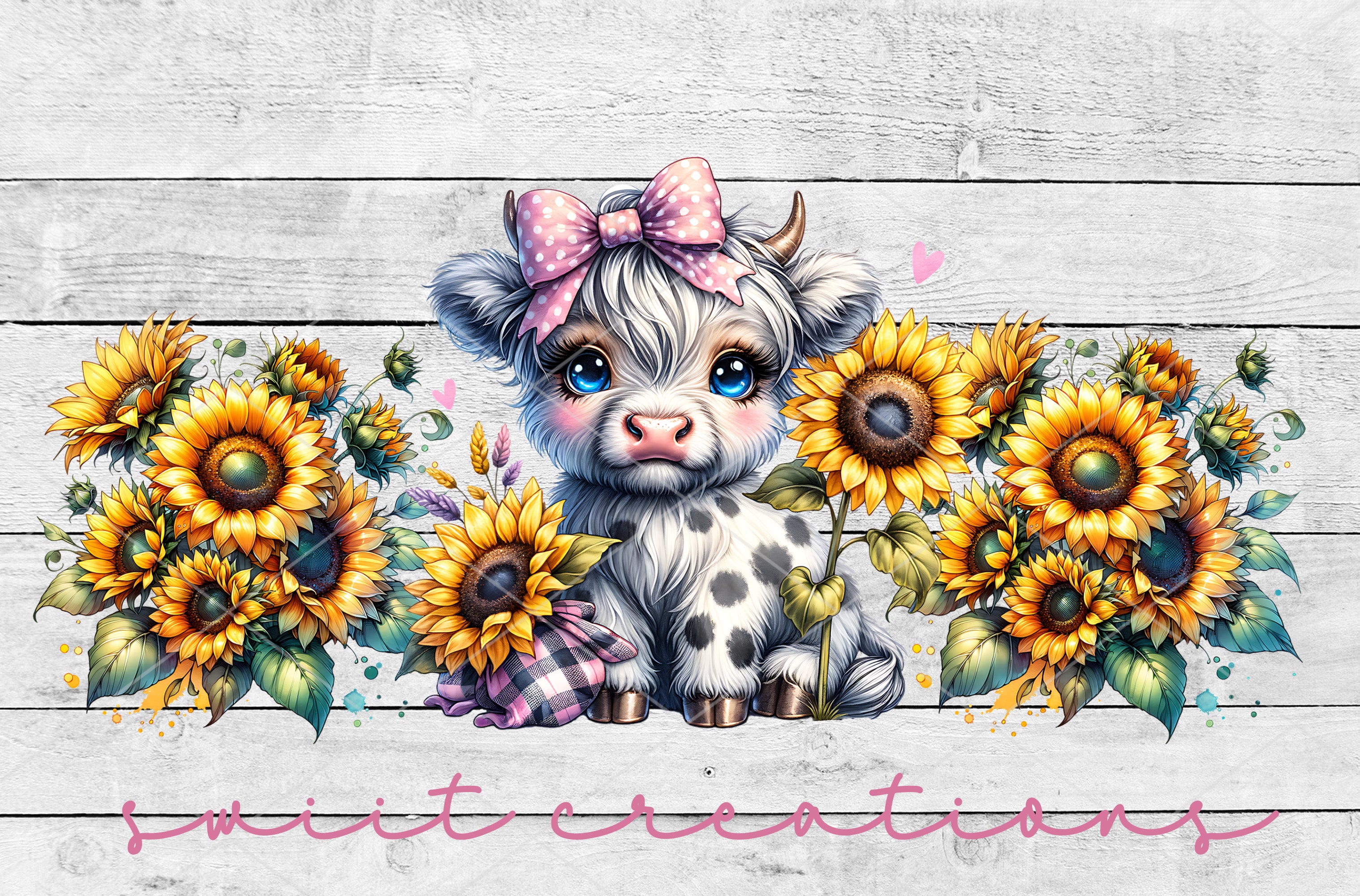 a painting of a cow with sunflowers on a wooden background