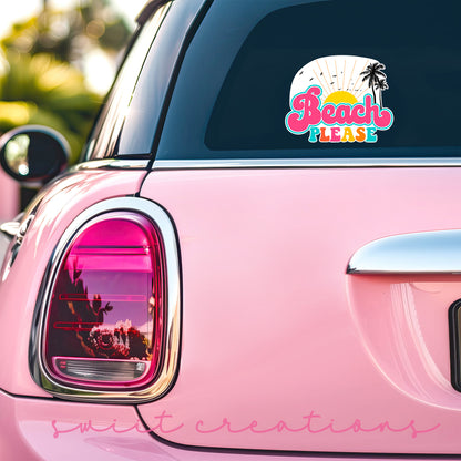 Beach Please sticker on the back window of a pink car
