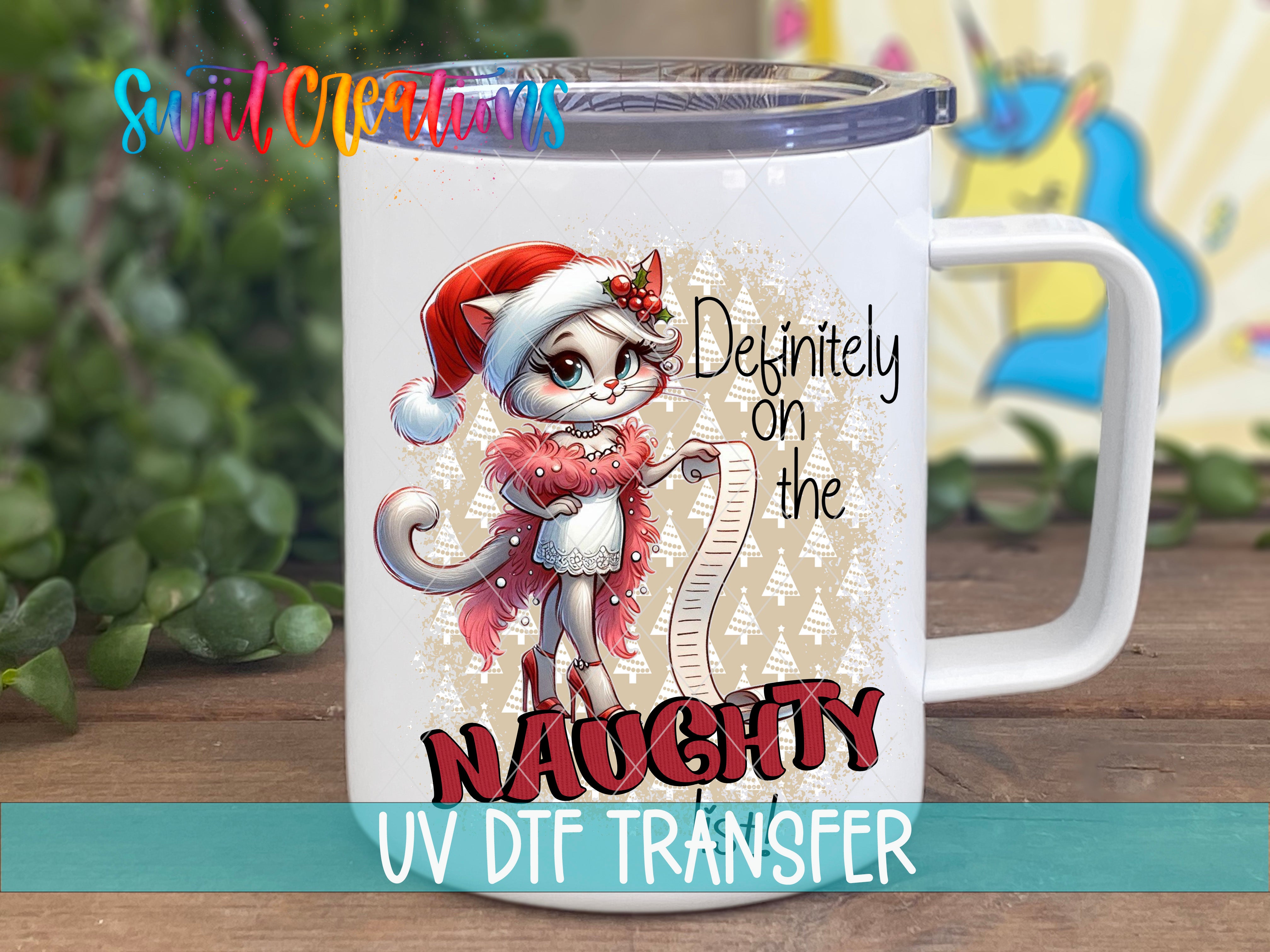 A mug with a cartoon cat wearing a Santa hat and holding a list, with the text "Definitely on the Naughty" printed on it.