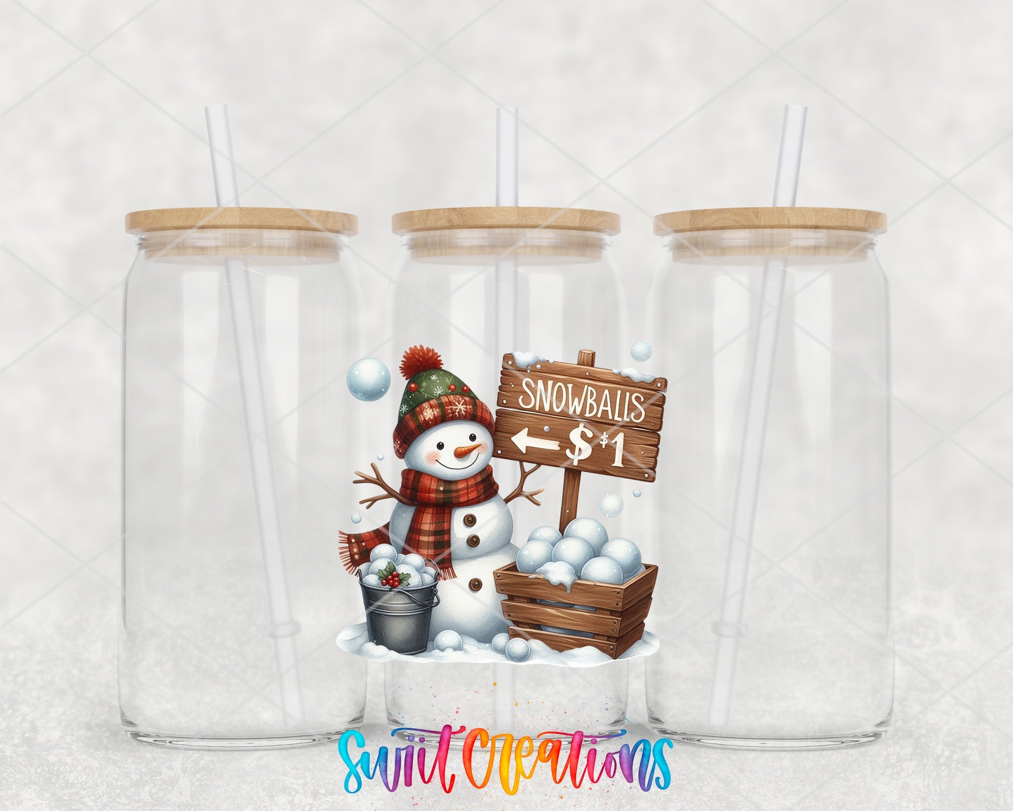 two plastic cups with snowballs and a snowman