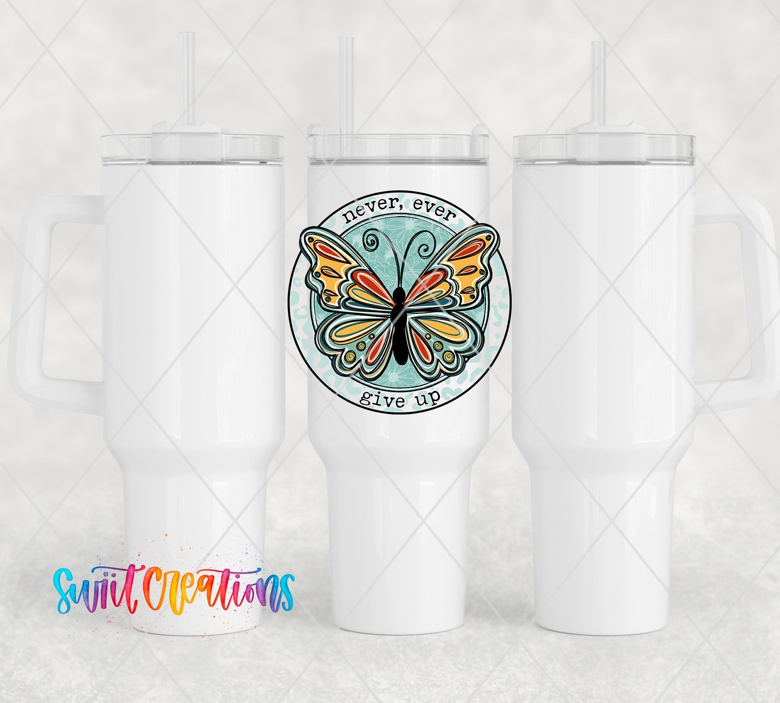 a white cup with a butterfly on it