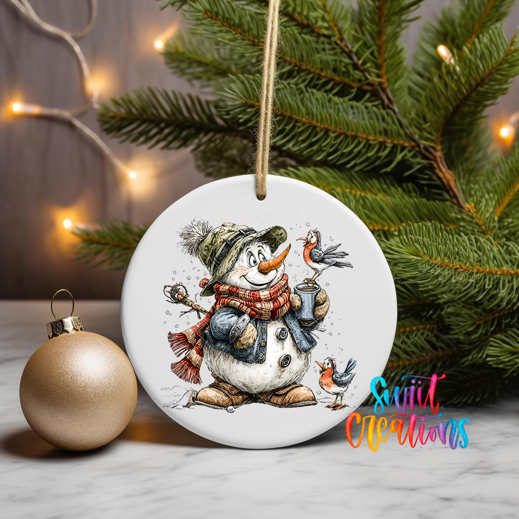 A white ceramic ornament featuring a snowman with a bird perched on its shoulder, surrounded by pine branches and twinkling lights.