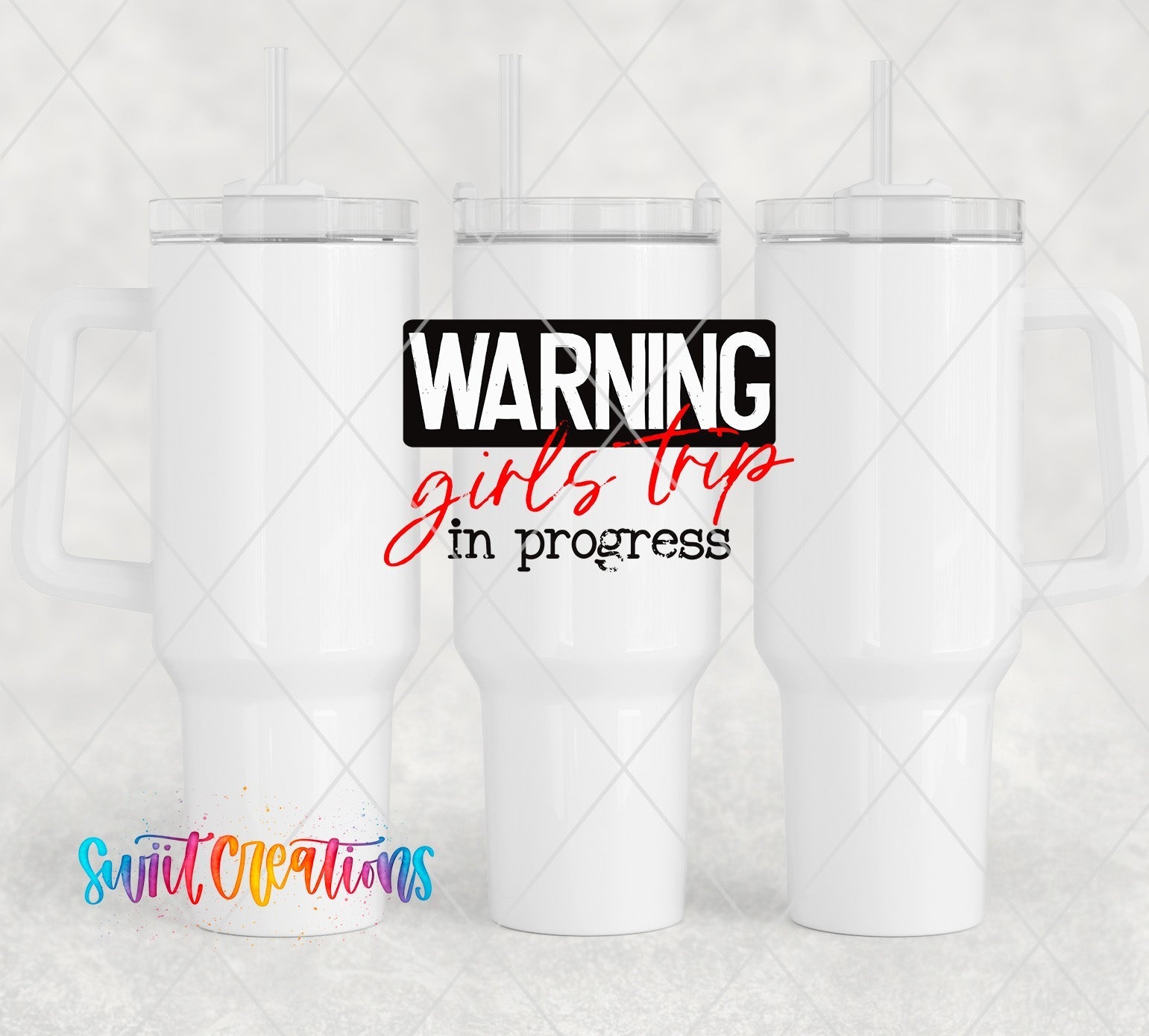 three white coffee mugs with warning signs on them
