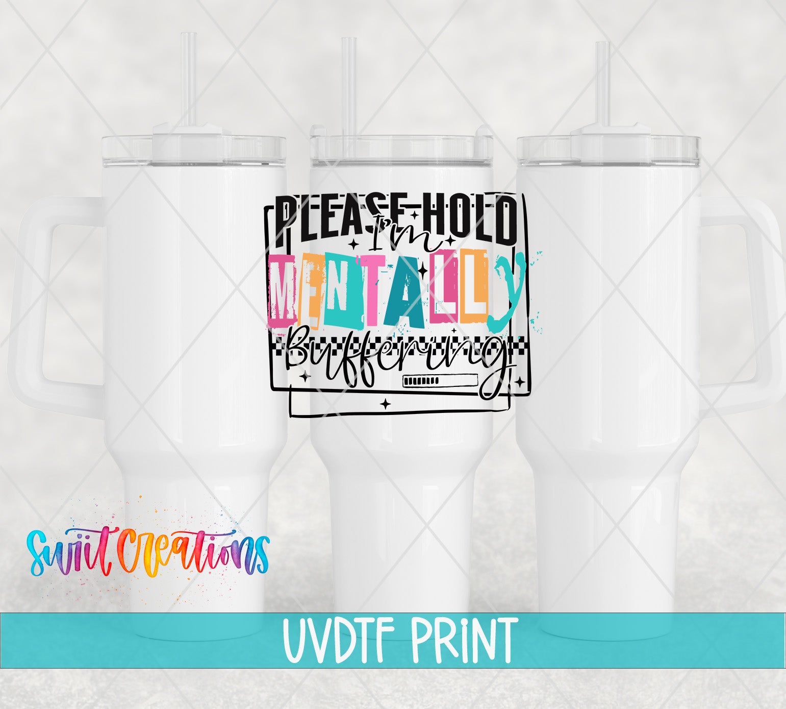 a white mug with a colorful text design on it, along with a logo for "Suit Creations" and the text "UVDF PRINT".