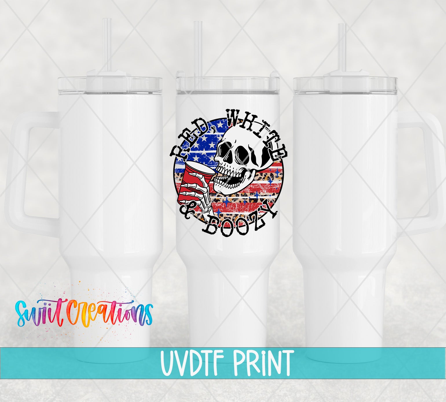 a white tumbler with a skull and american flag on it
