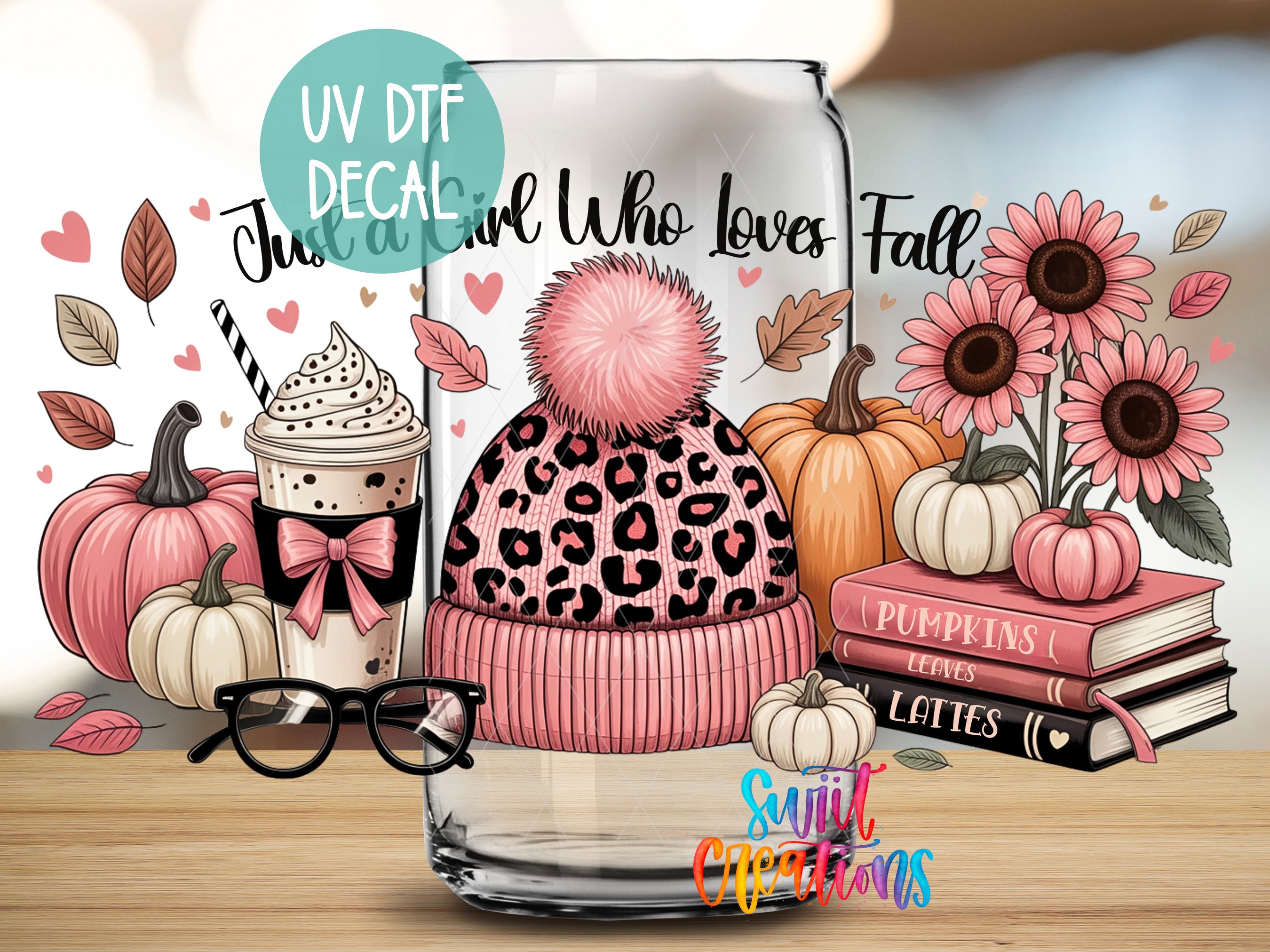 The image is a collage featuring various fall-themed items, including a leopard print hat, pumpkins, sunflowers, and books.