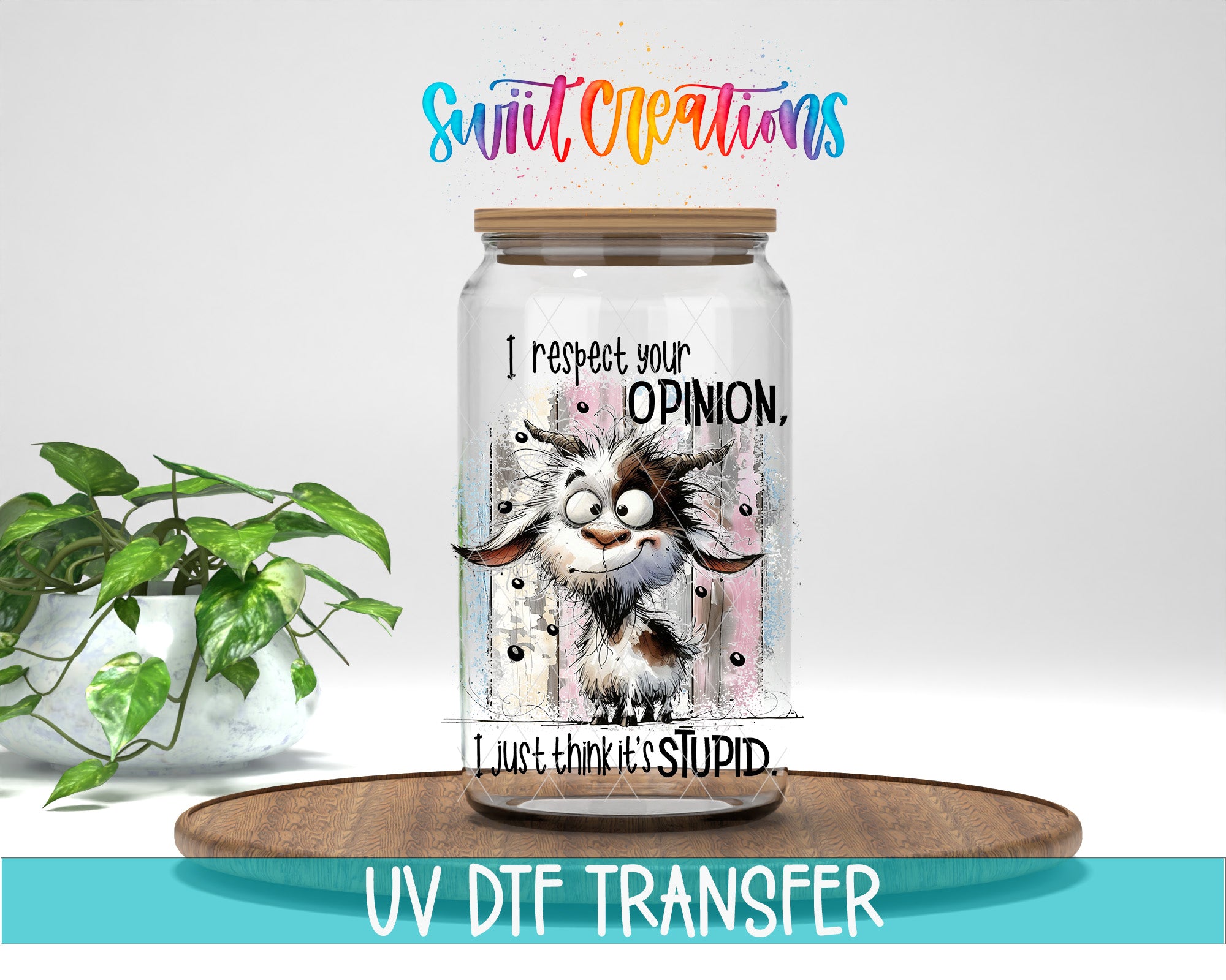 a jar with a cartoon goat on it, placed on a wooden surface. The jar has a lid and a label with text on it. The background of the image is white, and there is a plant visible in the background.