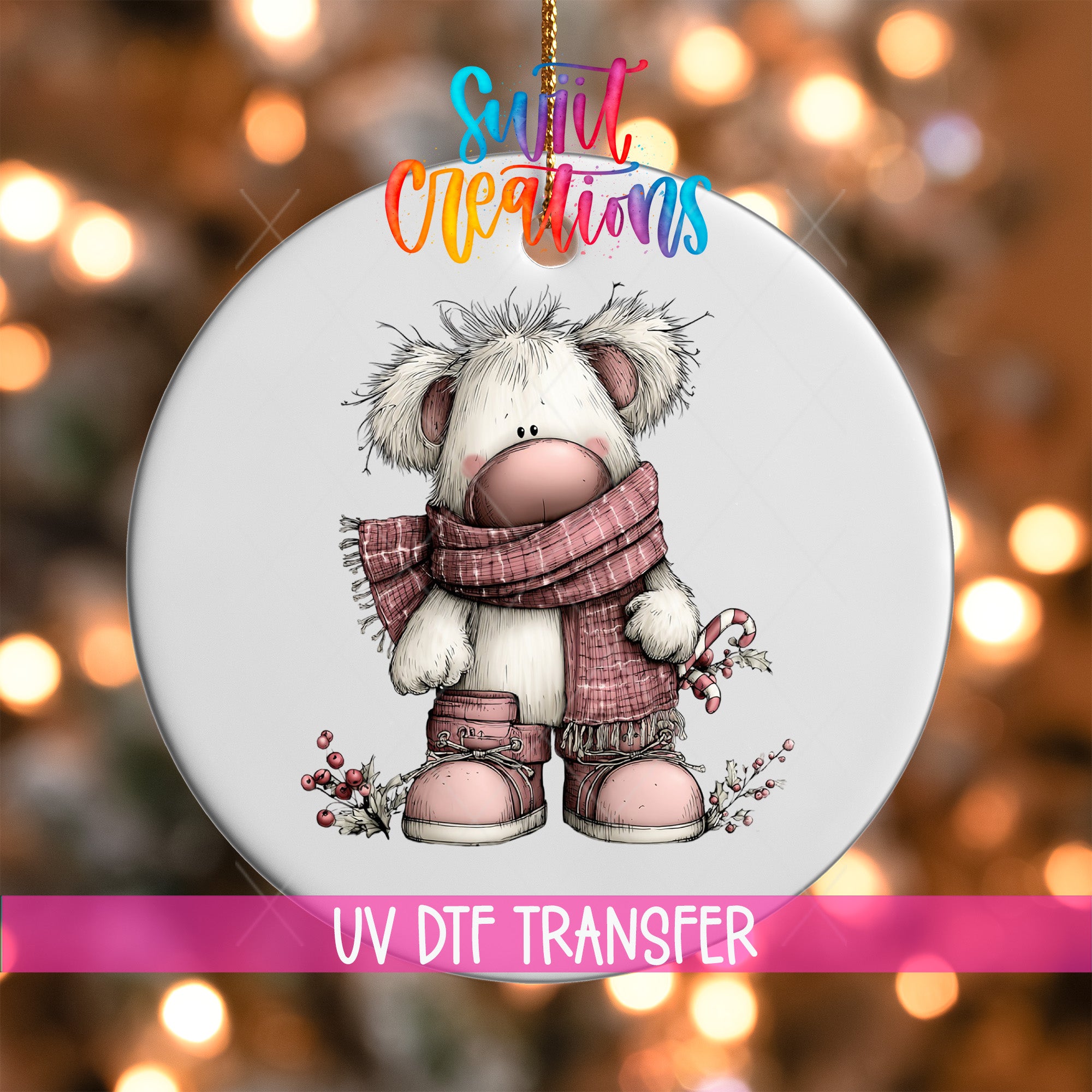 A white ornament with a cute, furry animal wearing a scarf and boots, surrounded by berries and a candy cane, against a background of colorful lights.