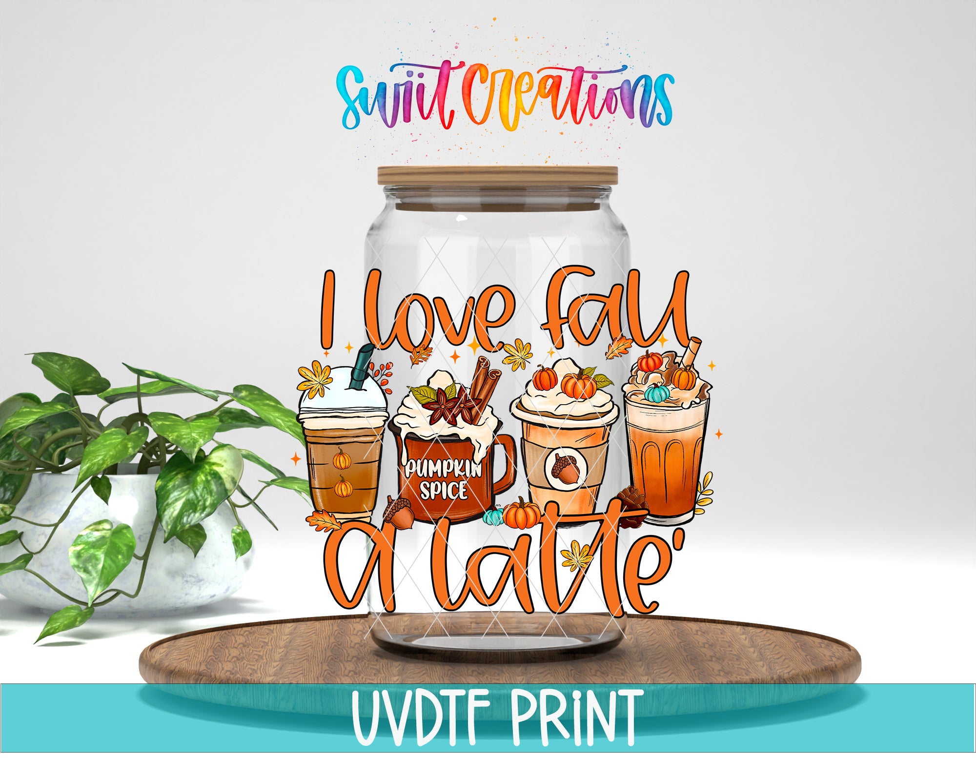 a glass jar with a lid, filled with various autumn-themed drinks such as lattes and pumpkin spice drinks, along with illustrations of pumpkins and fall leaves. The text "I love fall, lattes" is displayed prominently on the jar, and the phrase "Swift Creations" is written above it. The background of the image is white, and there is a plant visible in the background.