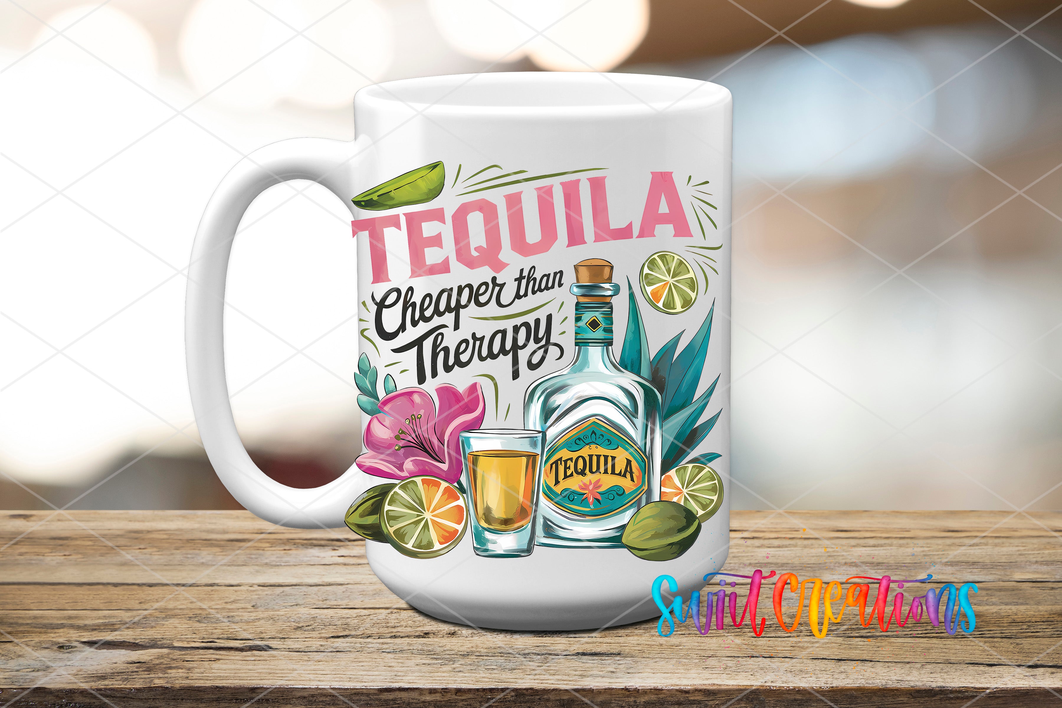 A white mug with a colorful design featuring a tequila bottle, a glass of tequila, and various tropical fruits like limes and oranges. The text on the mug reads "TEQUILA Cheaper than Therapy".