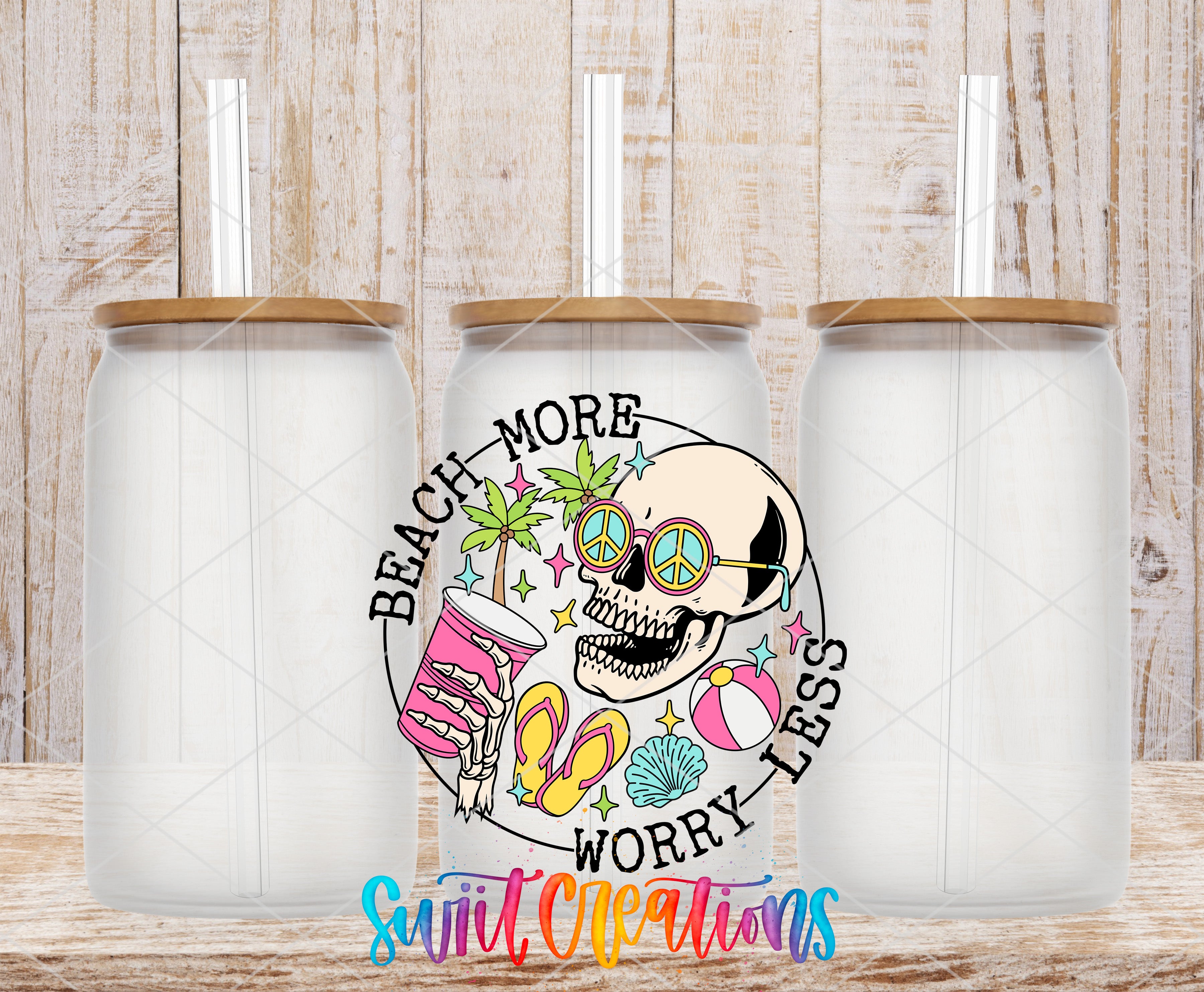 three clear glass jars with lids, each containing a straw. The jars are arranged in a row, and there is a colorful design on the center jar that includes a skull, peace signs, and beach-themed items. The text "BEACH MORE WORRY LESS" is displayed on the center jar, and the phrase "Swift Cleanings" is written at the bottom of the image.