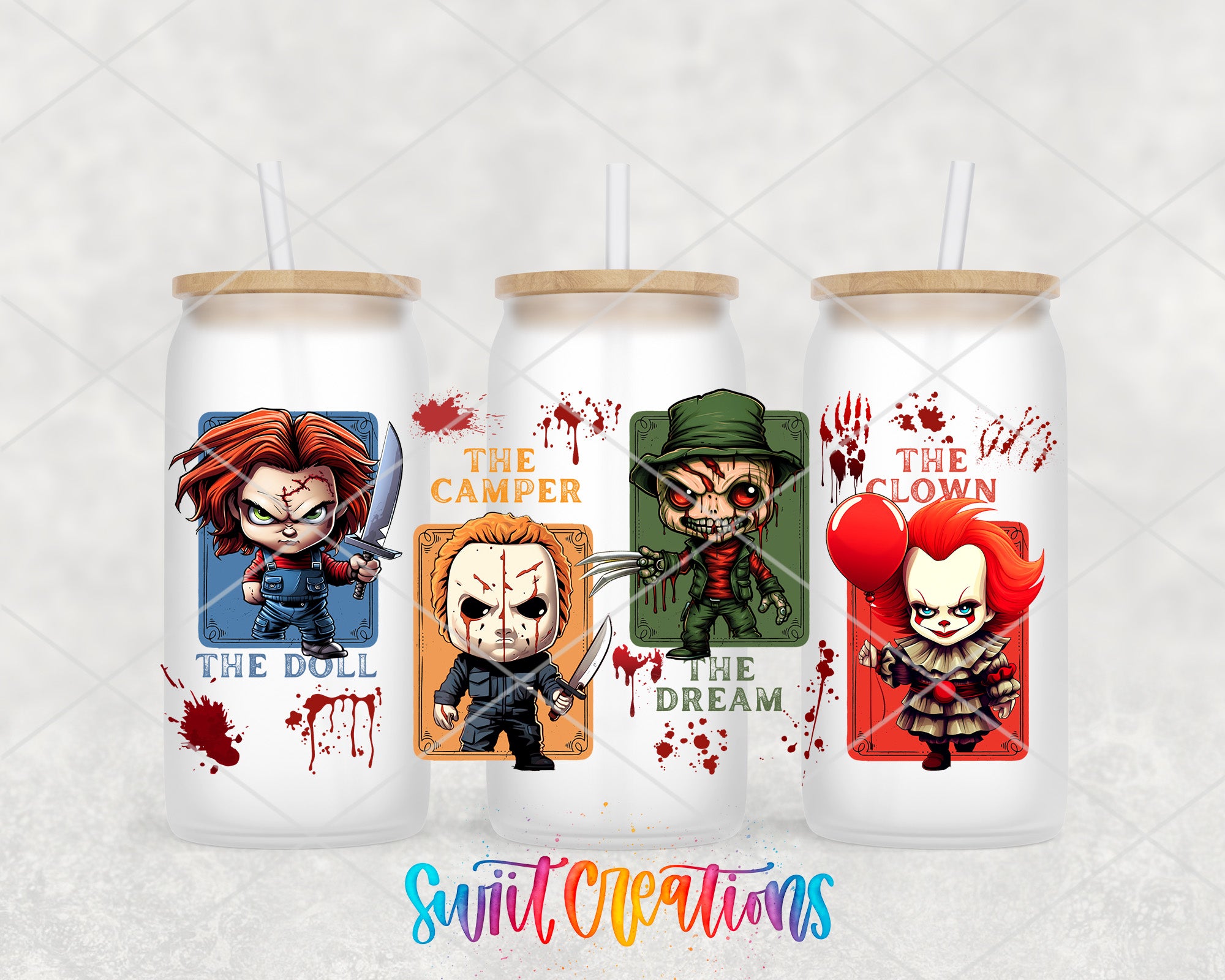 a set of three tumblers with the characters of harley, harley, harley and