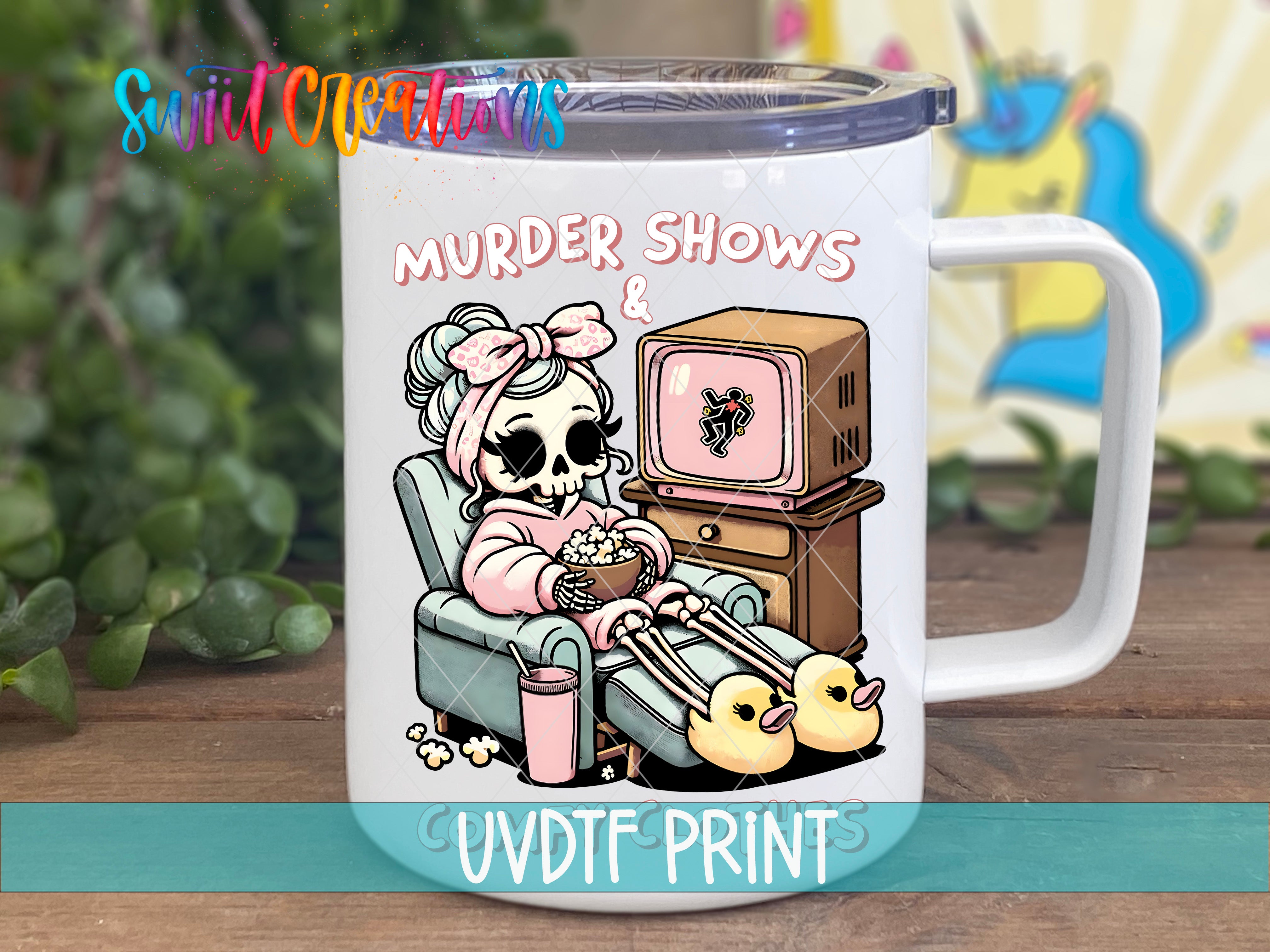 A mug with a cartoon illustration of a skeleton woman sitting in a chair and watching television, with a pink bow on her head.