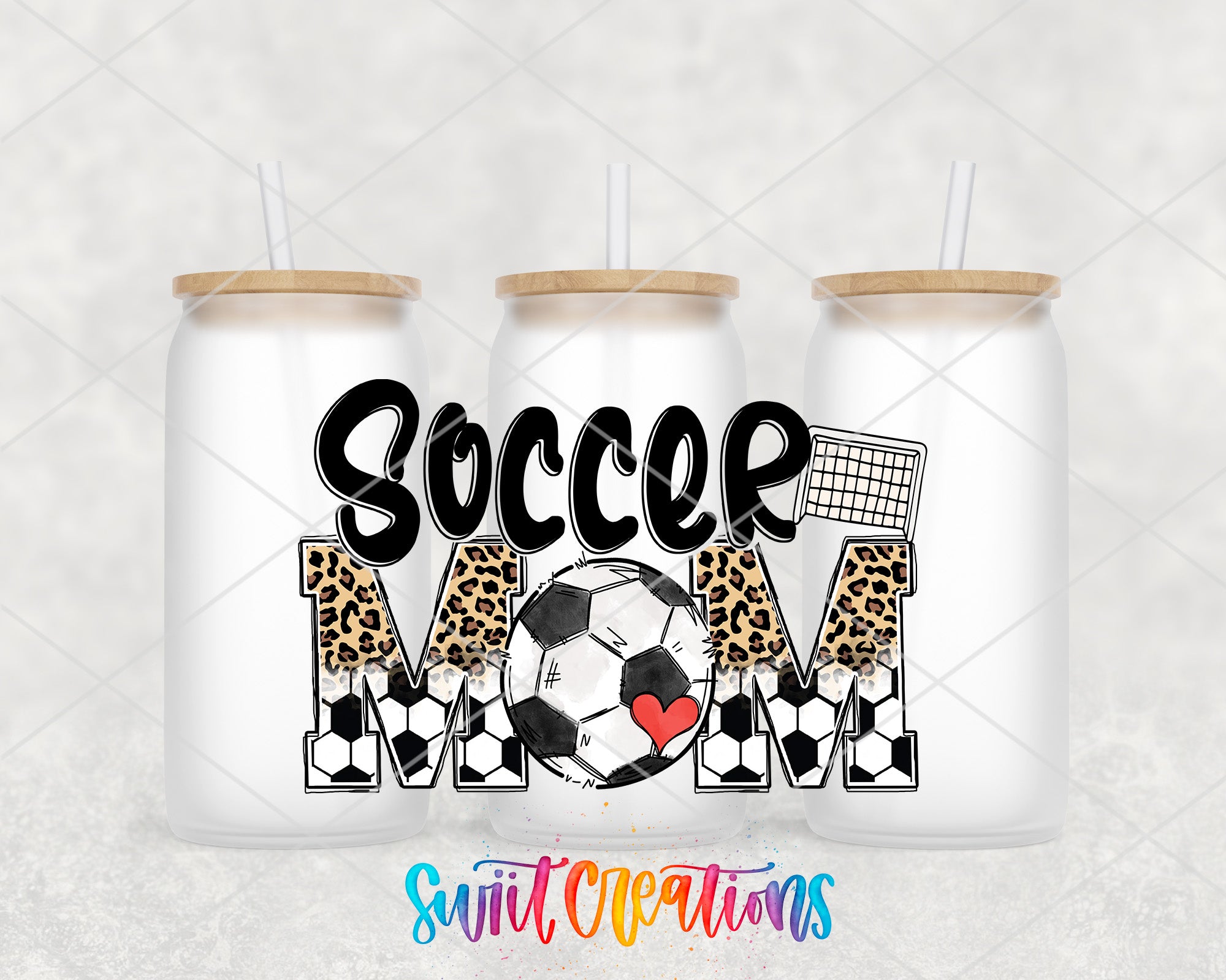 three white tumblers with leopard print designs and the text "SOCCER MOM" printed on them.