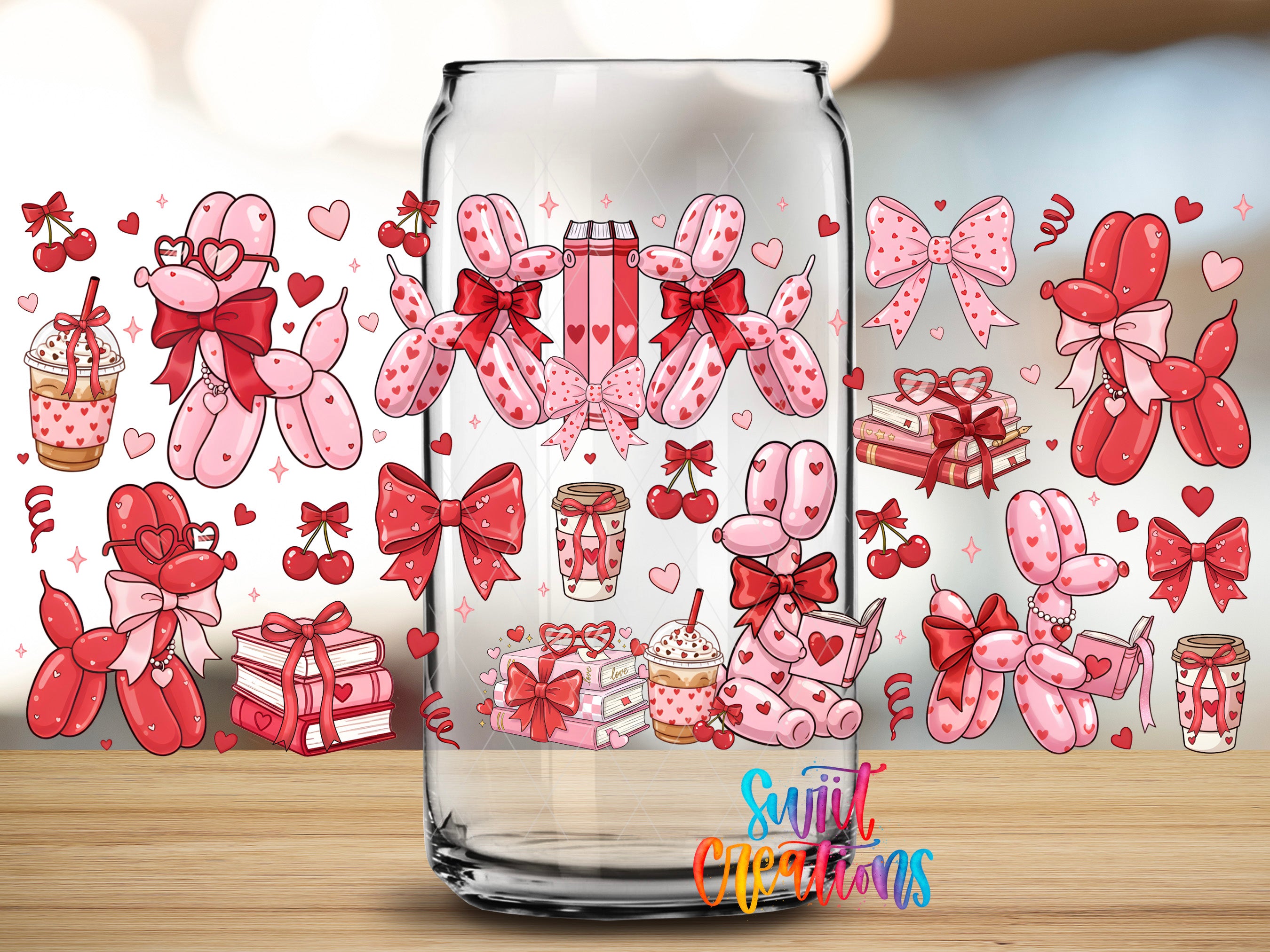 a glass jar filled with various pink and red balloons, ribbons, and other decorative elements, creating a festive and whimsical atmosphere.