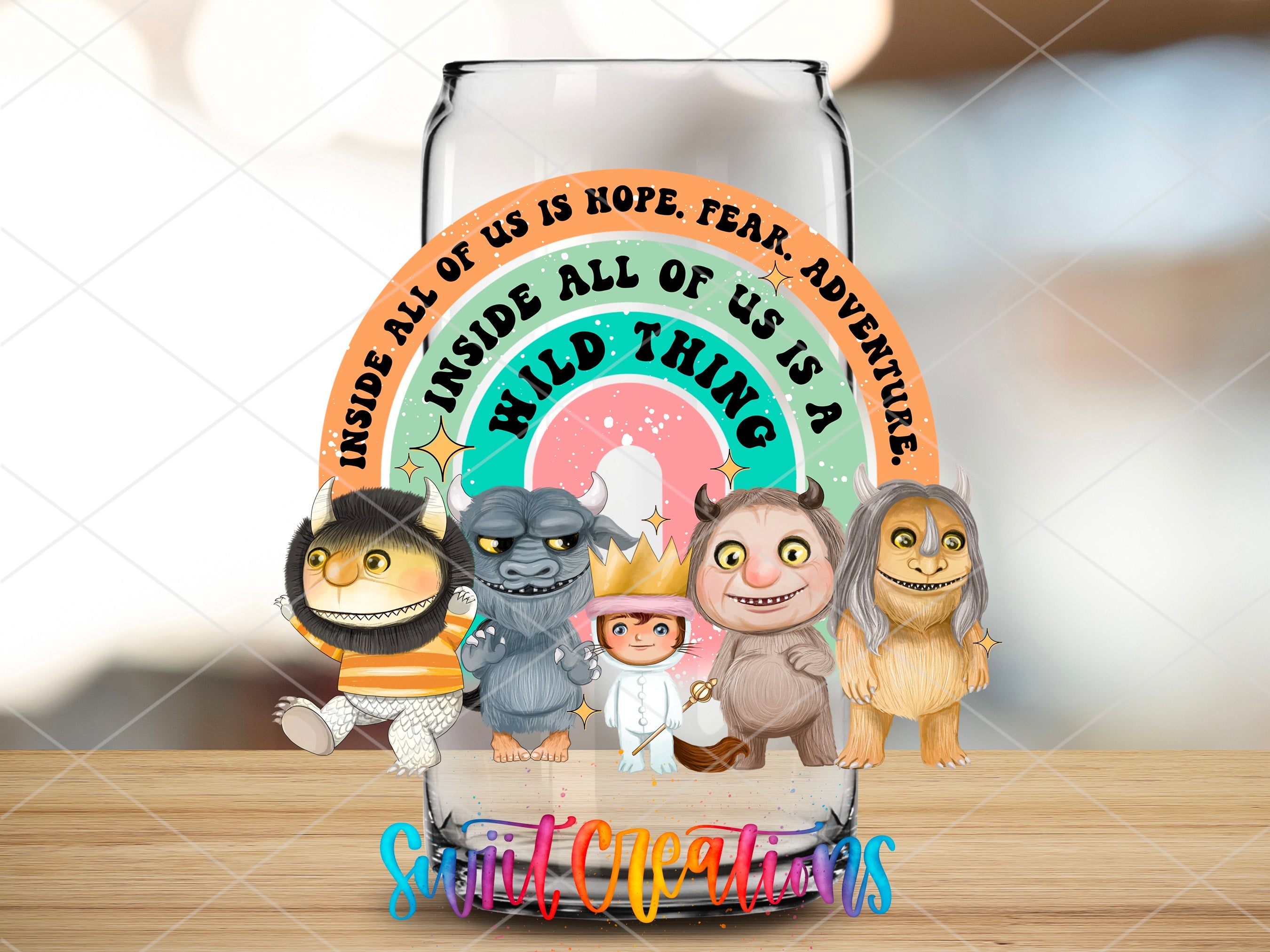 a glass with a picture of a group of cartoon characters on it