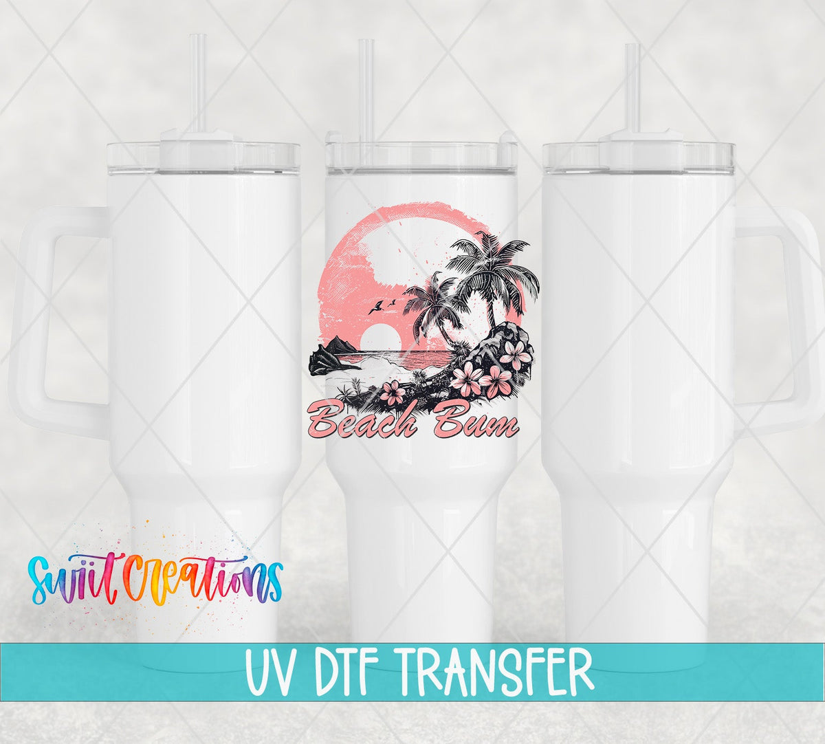 Beach Bum UV DTF transfer on white 40 oz tumblers