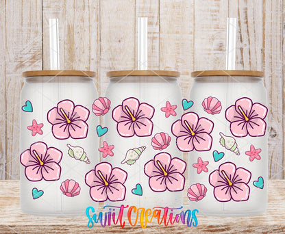 Beach Floral UV DTF full wrap on three clear glass cans with bamboo lids