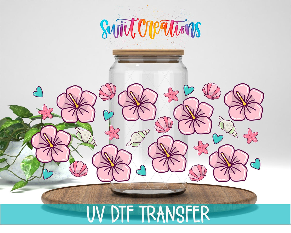 Beach Floral UV DTF Transfer Tumbler Wrap | Pink Hibiscus Shell Summer | DTF057 - Swiit Creations