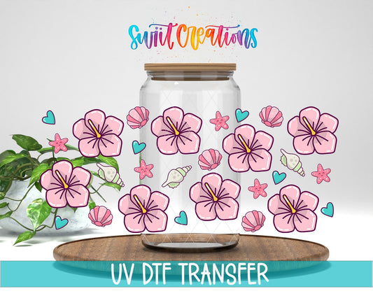 Beach Floral UV DTF Transfer Tumbler Wrap | Pink Hibiscus Shell Summer | DTF057 - Swiit Creations