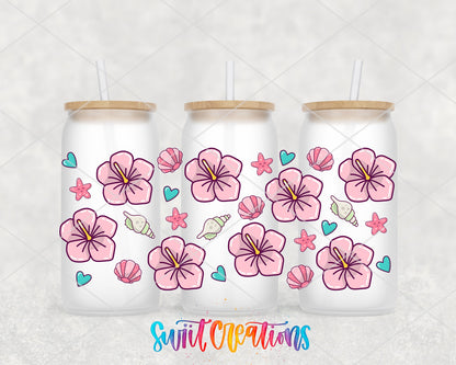 Beach Floral UV DTF full wrap on three frosted glass cans