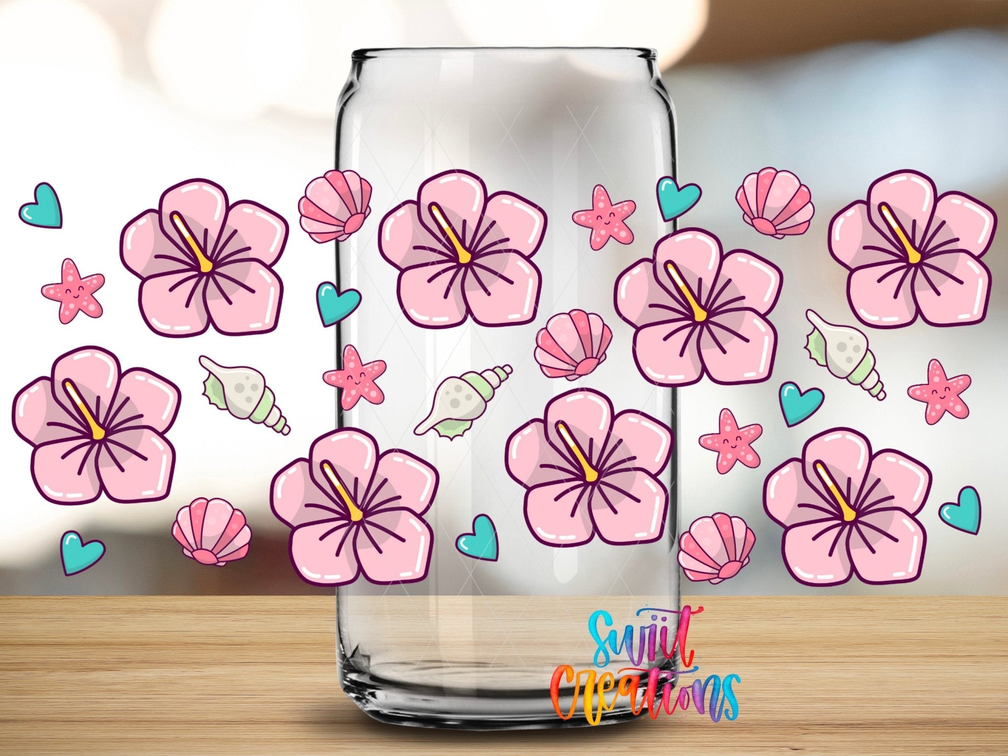 Beach Floral UV DTF Transfer Tumbler Wrap | Pink Hibiscus Shell Summer | DTF057 - Swiit Creations