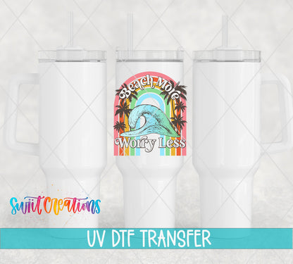 Beach More Worry Less retro rainbow wave UV DTF transfer on white 40 oz tumblers