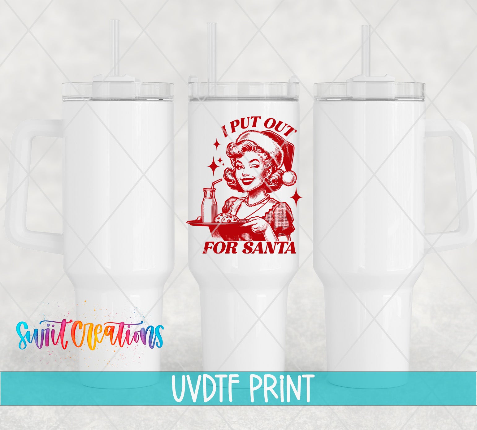 a set of three white tumblers with the words put out for santa on them