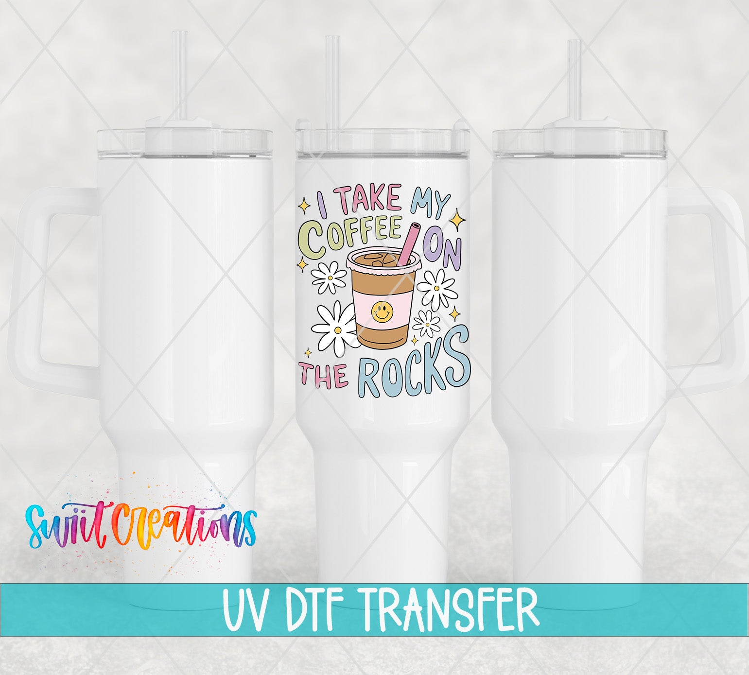 three white tumblers with colorful designs and text on them.