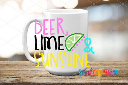Beer, Lime and Sunshine UV DTF transfer on a white ceramic coffee mug