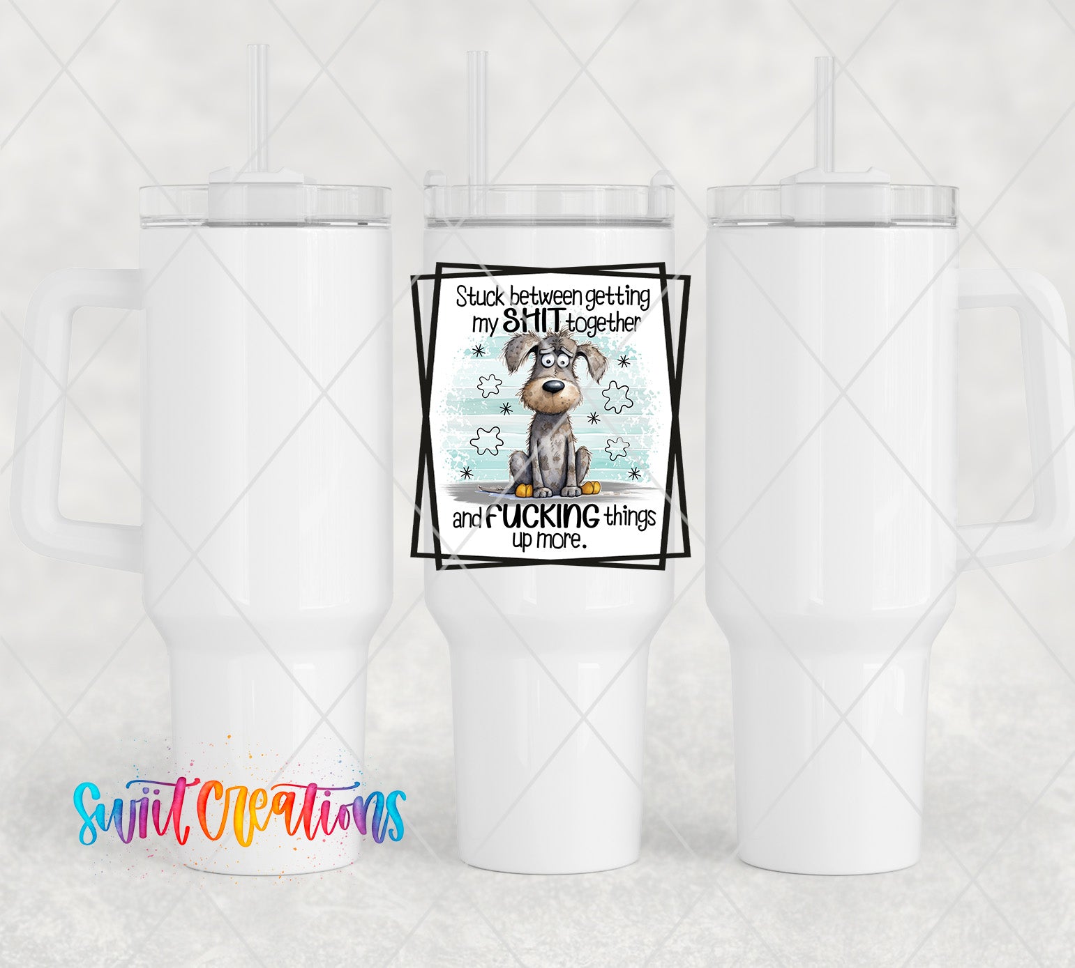 a white cup with a brown dog on it