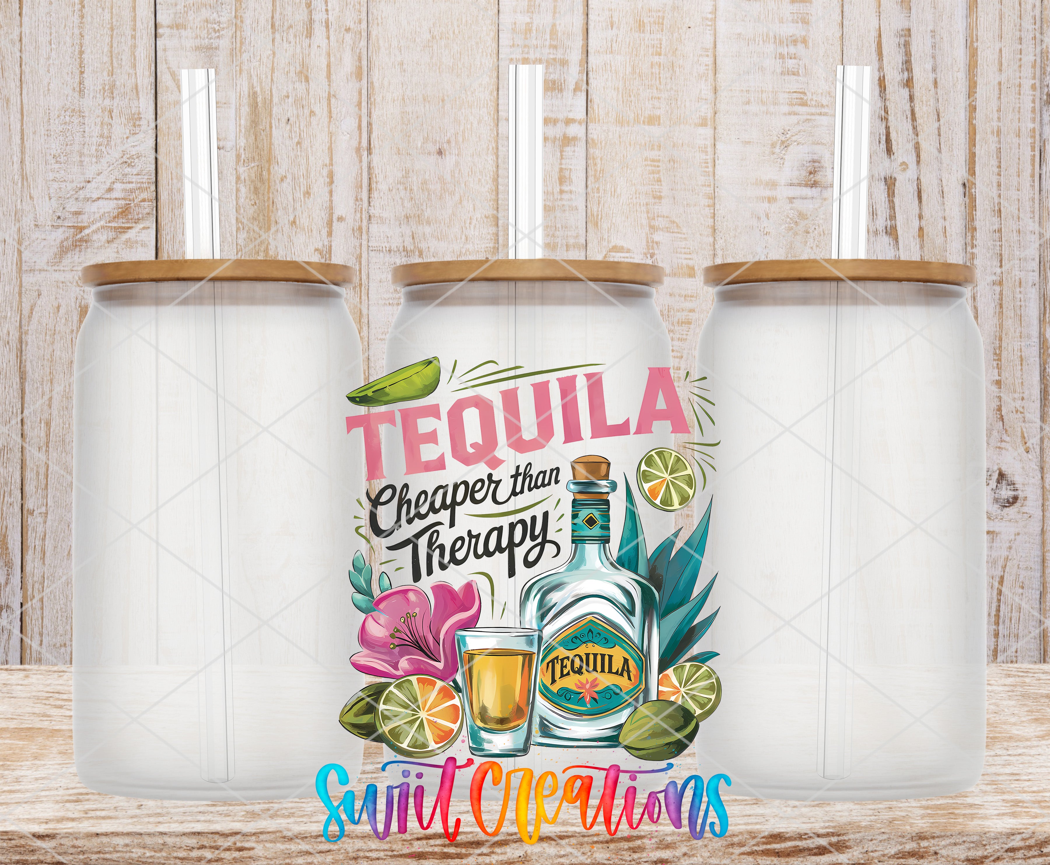 a colorful illustration of a tequila bottle surrounded by various tequila-related items, such as a glass, a lime, and a flower, all set against a wooden background.