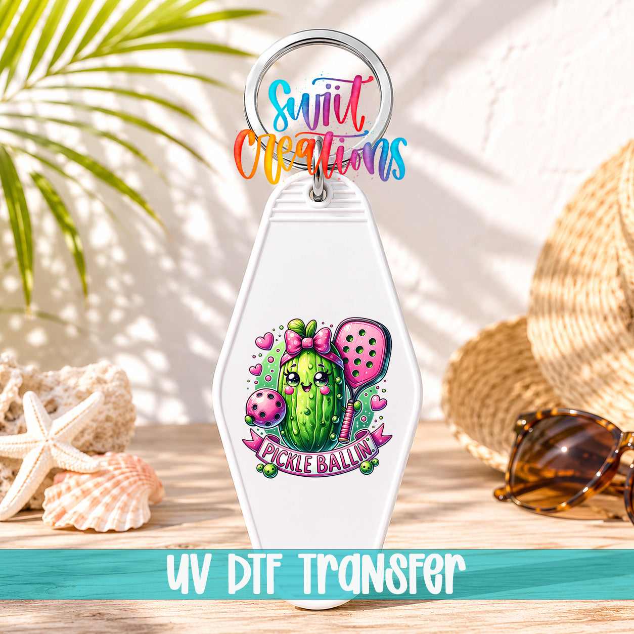 A keychain with a colorful design featuring a cactus and a paddleball, along with the text "Pickle Ballin" and a UV transfer logo.