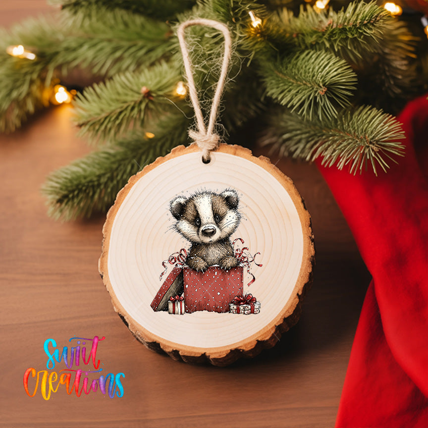 A wooden ornament featuring a badger sitting inside a gift box, surrounded by presents, is hanging on a Christmas tree.