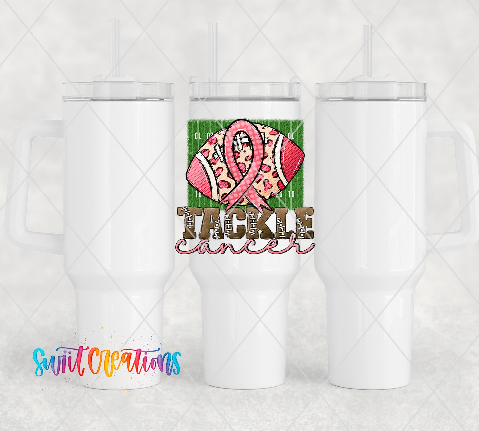 a white cup with a pink ribbon on it
