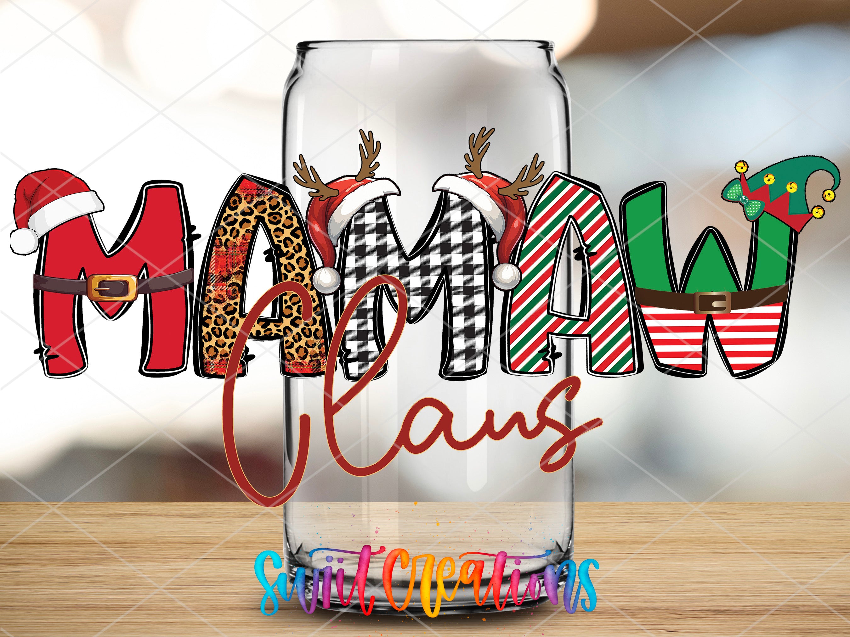 a glass with the word merry claus on it