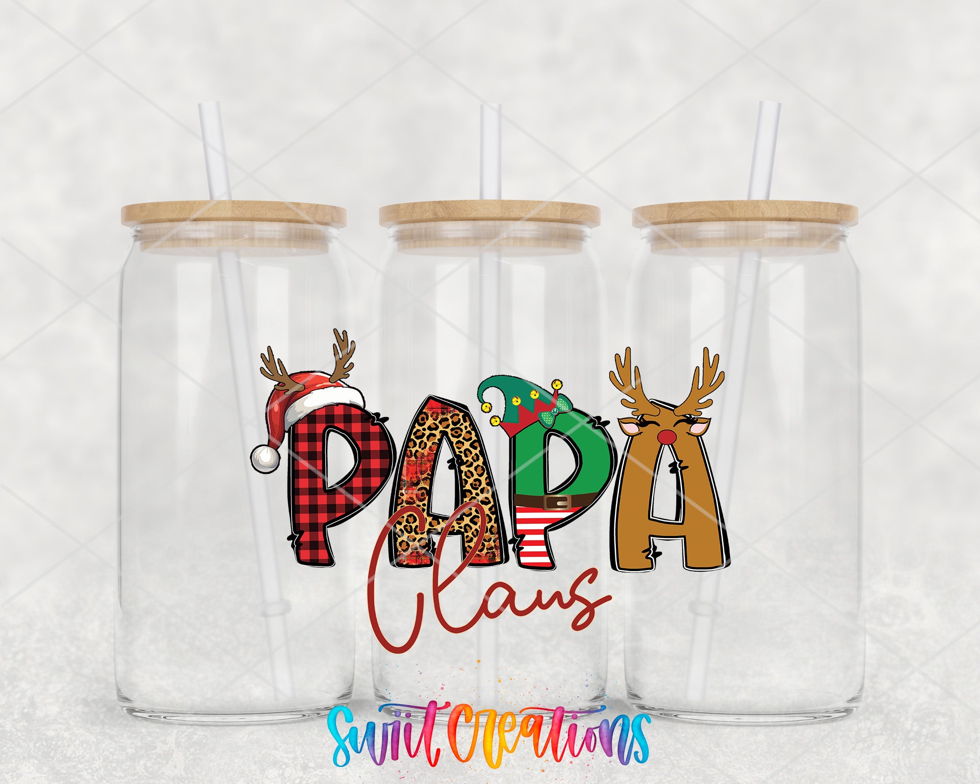two clear tumblers with the word papa claus on them