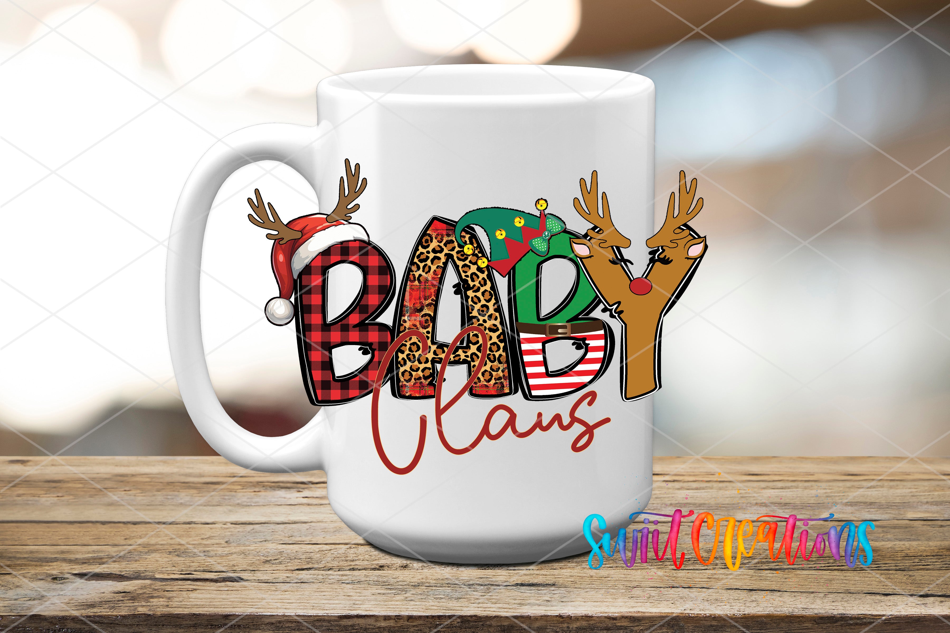 A white mug with the word "BABY CLANS" printed on it, featuring various Christmas-themed elements such as reindeer, Santa hats, and snowflakes.