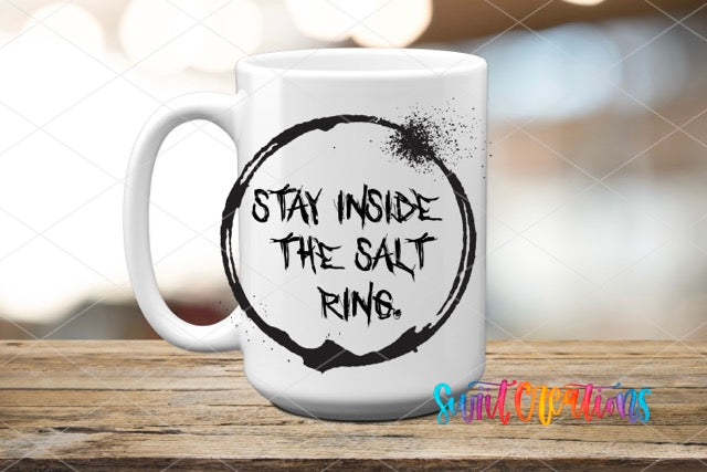 a white coffee mug with the words stay inside the shit ring on it