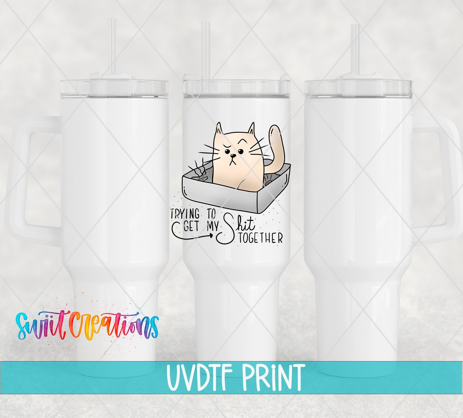 a set of three white tumblers with a cat in a box